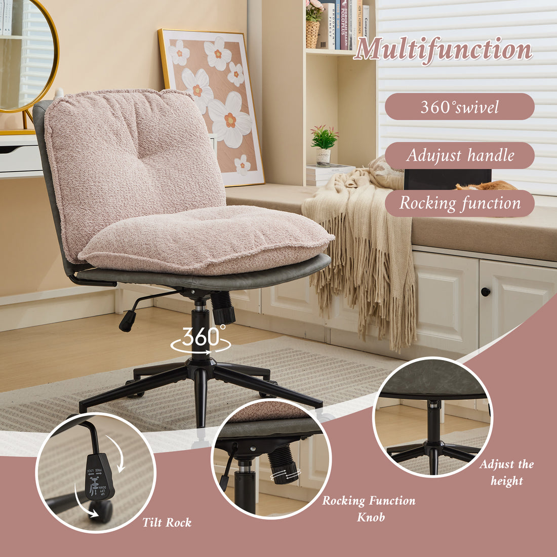 Oversize Seat Cirss Cross Chair With Wheels, Elegant Design Computer Chair, Adjustable Height 360 Rolling Swivel Home Office Chair For Small Space, Dressing Room, Living Room Gray Pink Pink Grey Primary Living Space Casual Foam Pu Leather