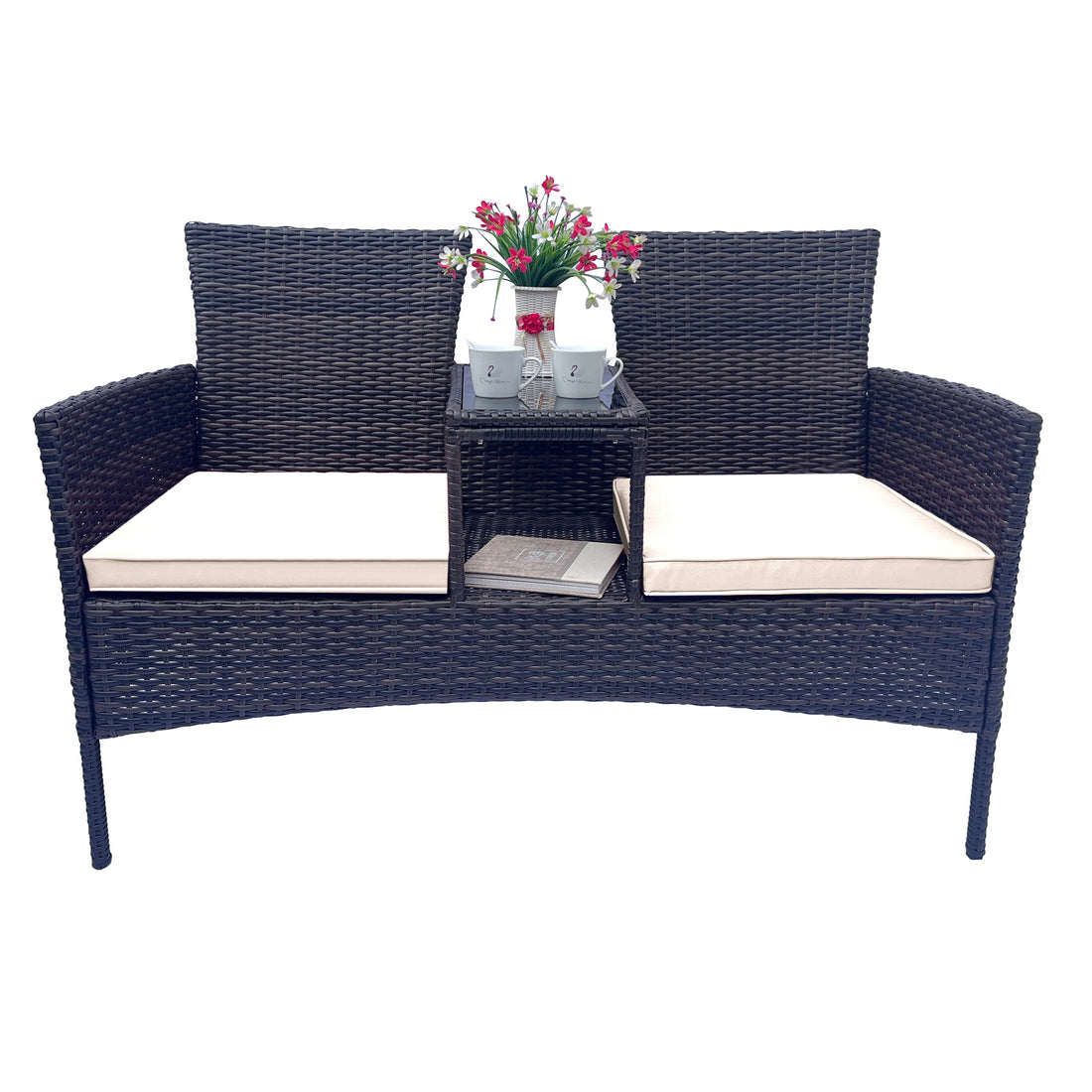 Wicker Patio Conversation Furniture Set, Outdoor Furniture Set With Removable Cushions & Table, Tempered Glass Top, Modern Rattan Bench For Garden Lawn Backyard Yes Complete Patio Set Brown Beige Weather Resistant Frame Water Resistant Cushion Garden &