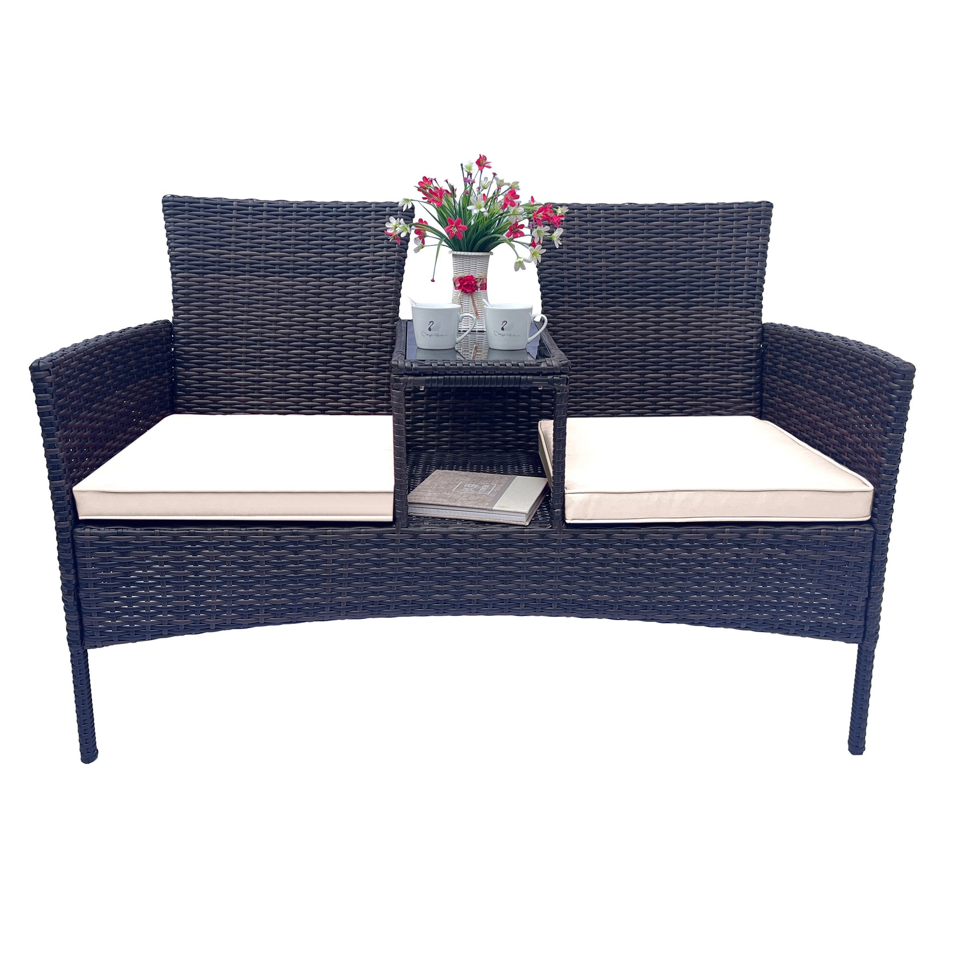 Wicker Patio Conversation Furniture Set, Outdoor Furniture Set With Removable Cushions & Table, Tempered Glass Top, Modern Rattan Bench For Garden Lawn Backyard Yes Complete Patio Set Brown Beige Weather Resistant Frame Water Resistant Cushion Garden &