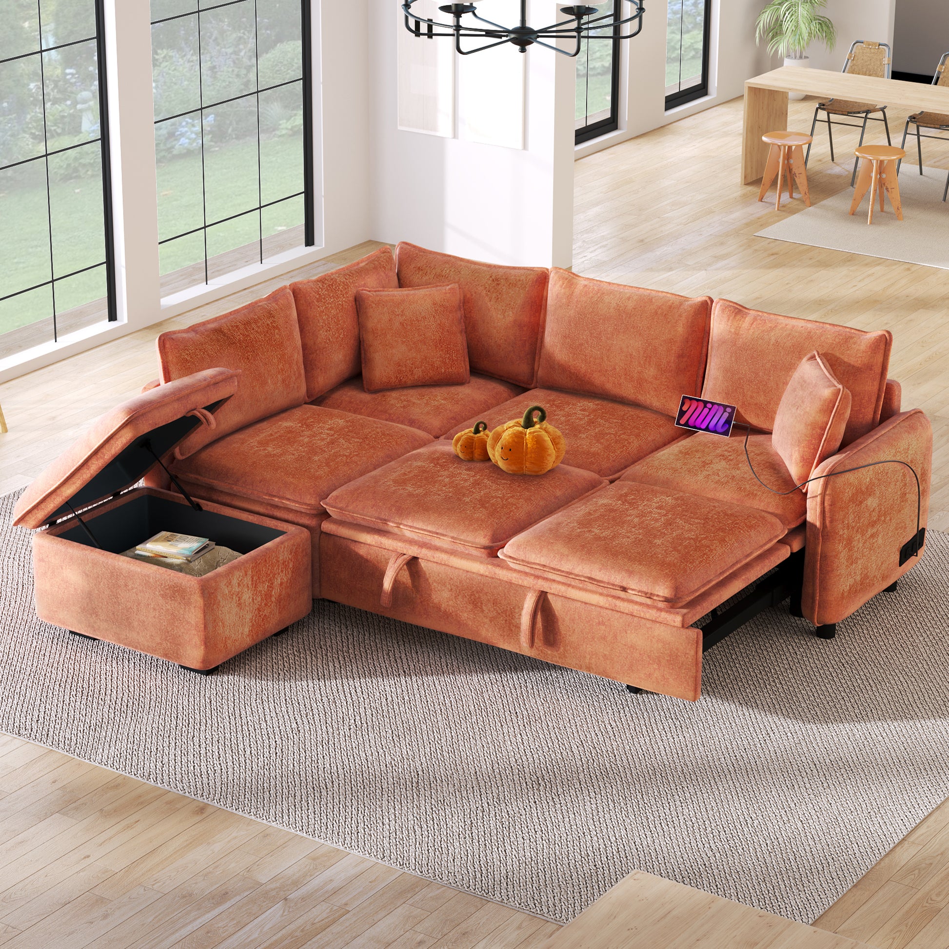 82.67"Convertible Sofa Bed Sectional Sofa Sleeper L Shaped Sofa With A Storage Ottoman,Two Pillows, Two Power Sockets And Two Usb Ports For Living Room, Orange Orange Foam Chenille 4 Seat