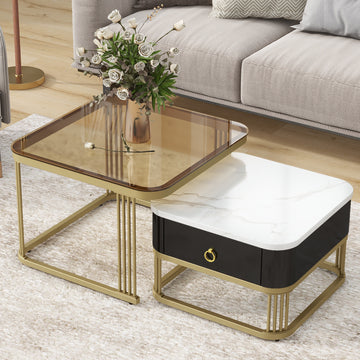 Nesting Coffee Table With Drawer, Set Of 2, Exquisite Square Stacking Coffee Tables With Brown Tempered Glass, Side Table With High Gloss Marble Grain Tabletop For Living Room, Black Black Gold Primary Living Space Drawers Square Mdf Steel