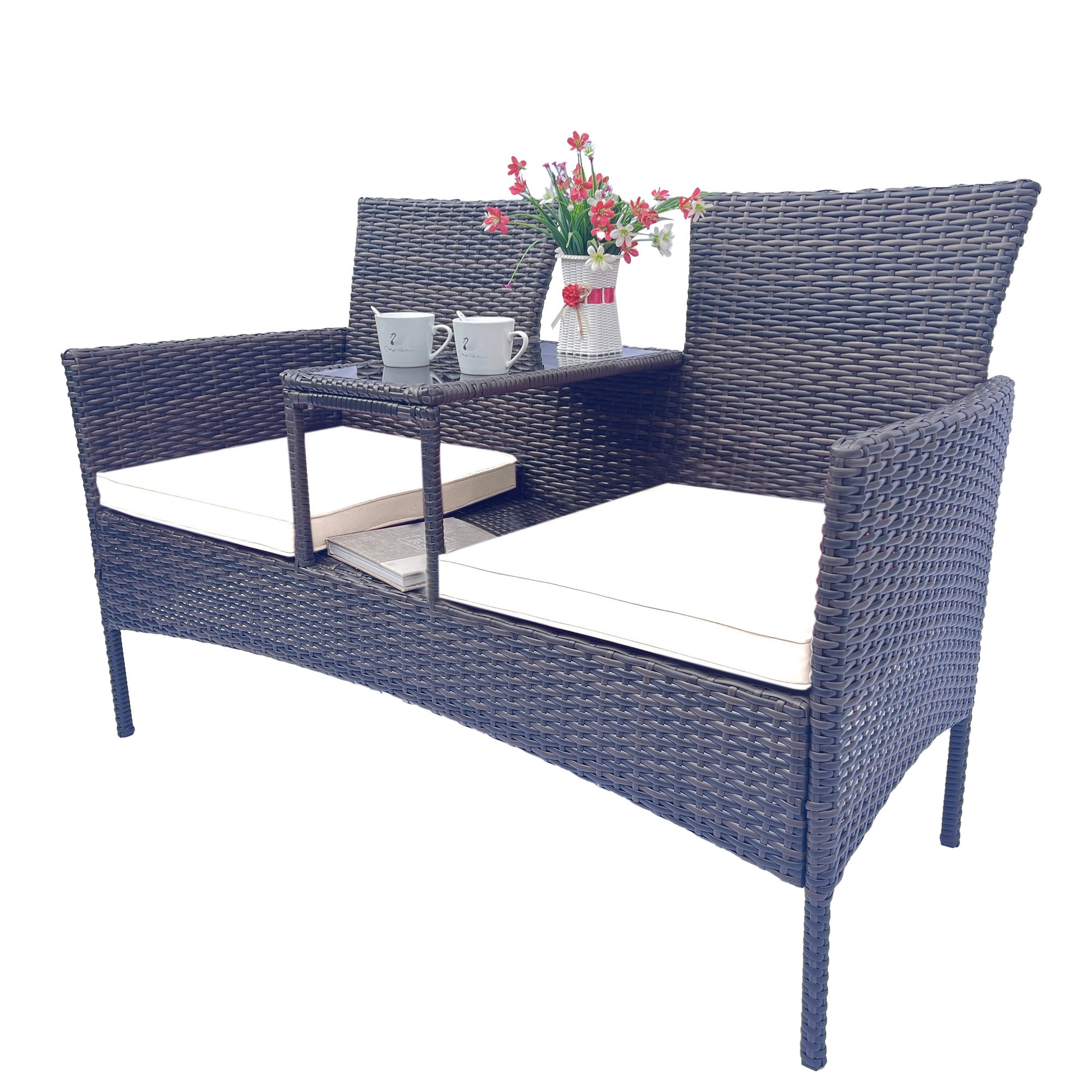 Wicker Patio Conversation Furniture Set, Outdoor Furniture Set With Removable Cushions & Table, Tempered Glass Top, Modern Rattan Bench For Garden Lawn Backyard Yes Complete Patio Set Brown Beige Weather Resistant Frame Water Resistant Cushion Garden &