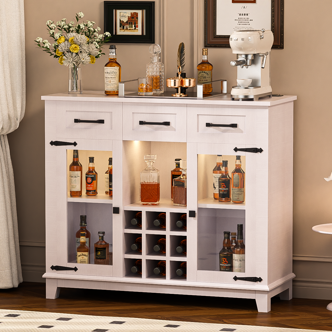 42" Modern Farmhouse Sideboard Buffet Coffee Bar Cabinet Storage Cabinet With Led Charging Station, Wine & Glass Rack,3 Drawers, For Kitchen, Dining Room, Living Room Antique White White Classic Mdf