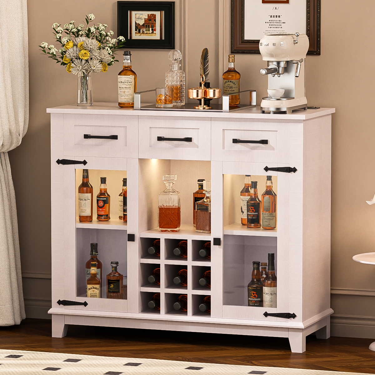 42" Modern Farmhouse Sideboard Buffet Coffee Bar Cabinet Storage Cabinet With Led Charging Station, Wine & Glass Rack,3 Drawers, For Kitchen, Dining Room, Living Room Antique White White Classic Mdf