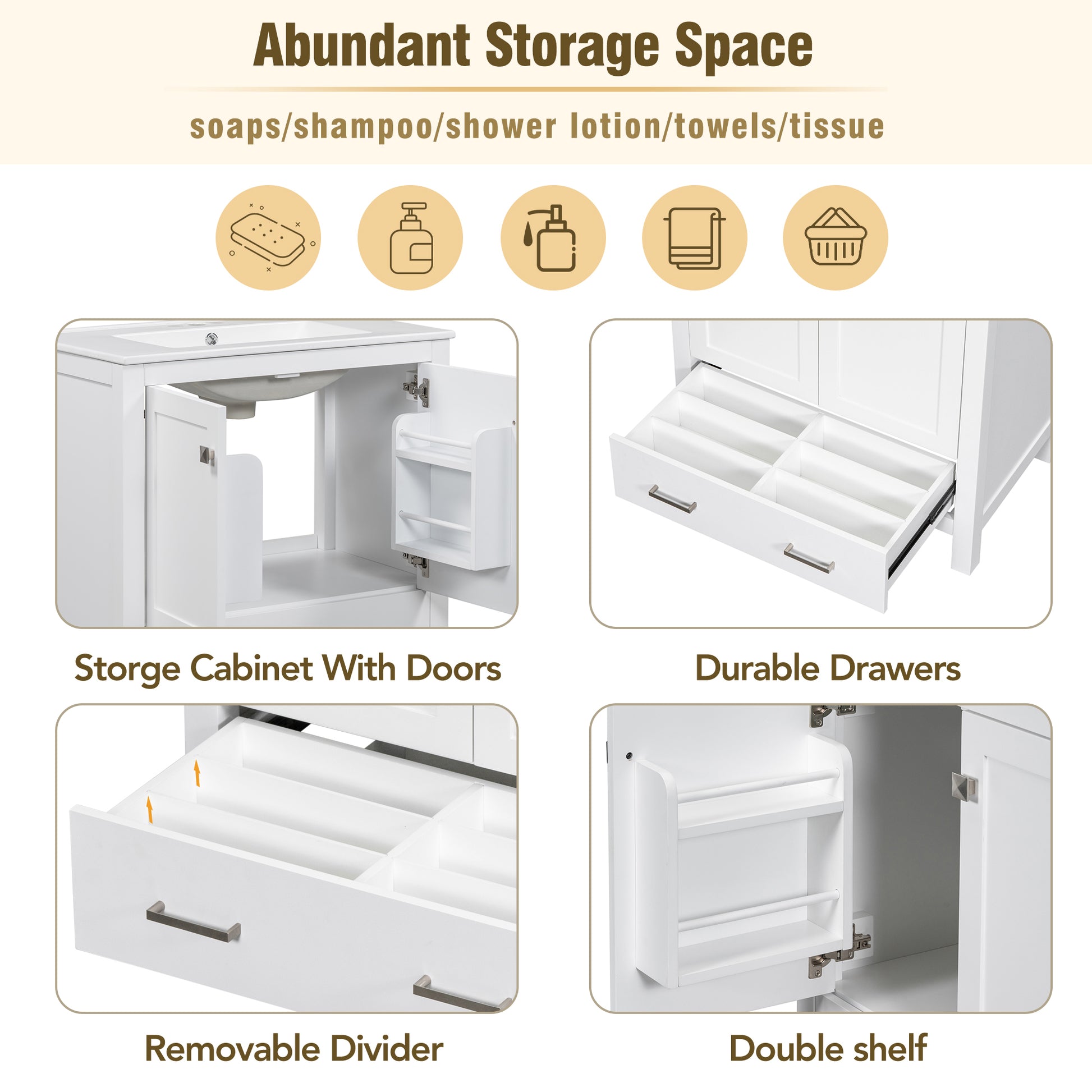 30" White Bathroom Vanity With Single Sink, Combo Cabinet Undermount Sink, Bathroom Storage Cabinet With 2 Doors And A Drawer, Soft Closing, Multifunctional Storage, Solid Wood Frame White Bathroom Solid Wood Mdf