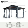 10' X 13' Hardtop Wood Gazebo For Patios, Outdoor Framed Gazebo With Polycarbonate Double Roof Canopy, Solid Wooden Framed Gazebo With Privacy Curtains And Mosquito Nettings For Garden, Backyard Black Brown Metal & Wood