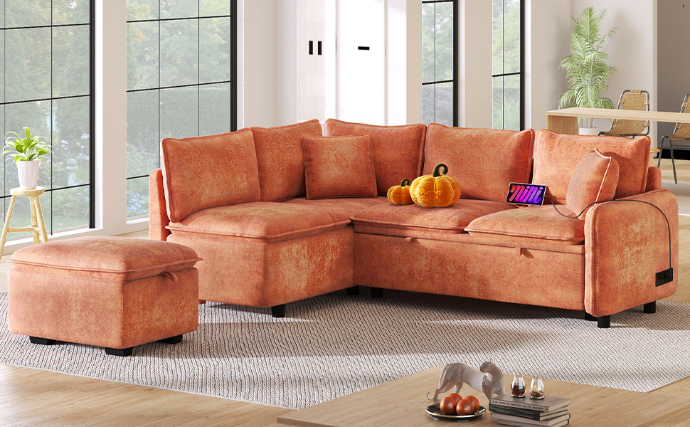 82.67"Convertible Sofa Bed Sectional Sofa Sleeper L Shaped Sofa With A Storage Ottoman,Two Pillows, Two Power Sockets And Two Usb Ports For Living Room, Orange Orange Foam Chenille 4 Seat