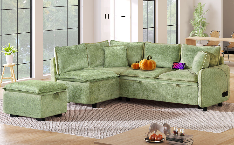 82.67"Convertible Sofa Bed Sectional Sofa Sleeper L Shaped Sofa With A Storage Ottoman,Two Pillows, Two Power Sockets And Two Usb Ports For Living Room, Green Green Foam Chenille 4 Seat