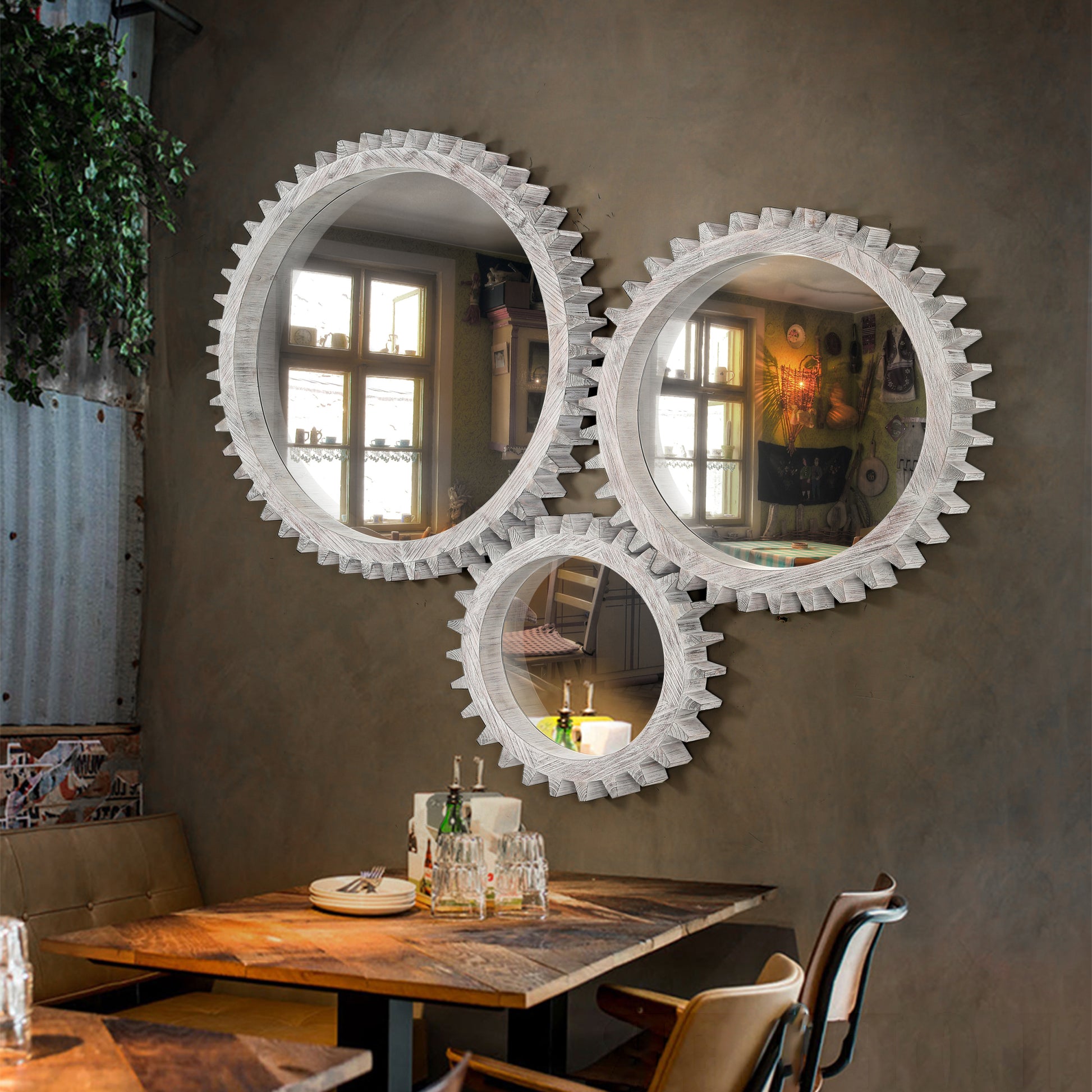 Vintage 26'' X 26'' Wall Wood Round Hanging Gear Shape Heavy Decorative Mirror For Bathroom Living Room Entryway Or Put Together To Your Liking. Antique White Washed Oval Or Circle White Washed Living Room American Design Gallery Wall And Wall Art Sets