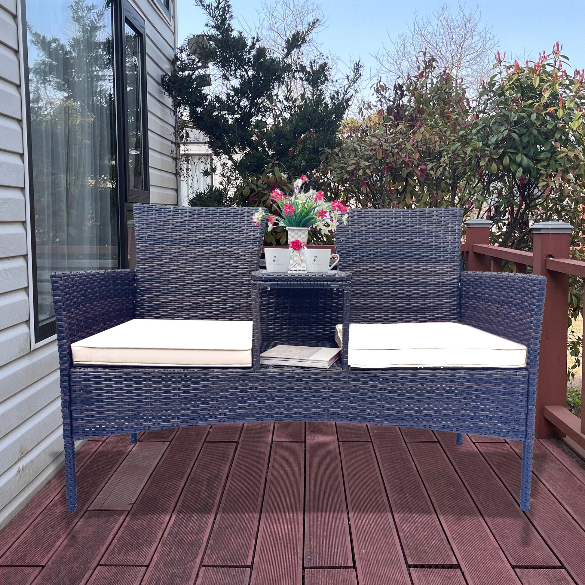 Wicker Patio Conversation Furniture Set, Outdoor Furniture Set With Removable Cushions & Table, Tempered Glass Top, Modern Rattan Bench For Garden Lawn Backyard Yes Complete Patio Set Brown Beige Weather Resistant Frame Water Resistant Cushion Garden &