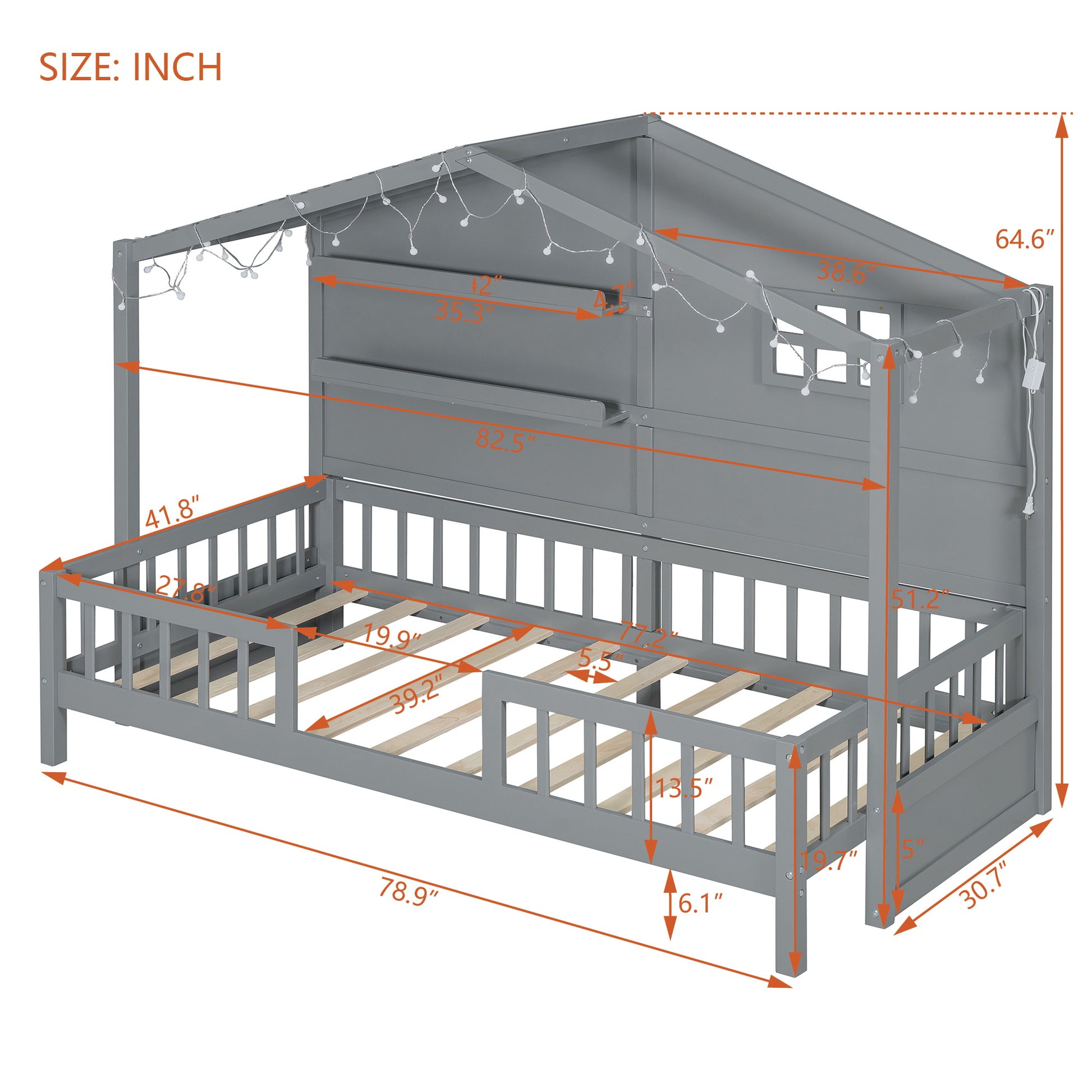 Twin Size House Bed With Shelves, House Bed With Window And Sparkling Light Strip On The Roof, Gray Twin Gray Solid Wood Mdf