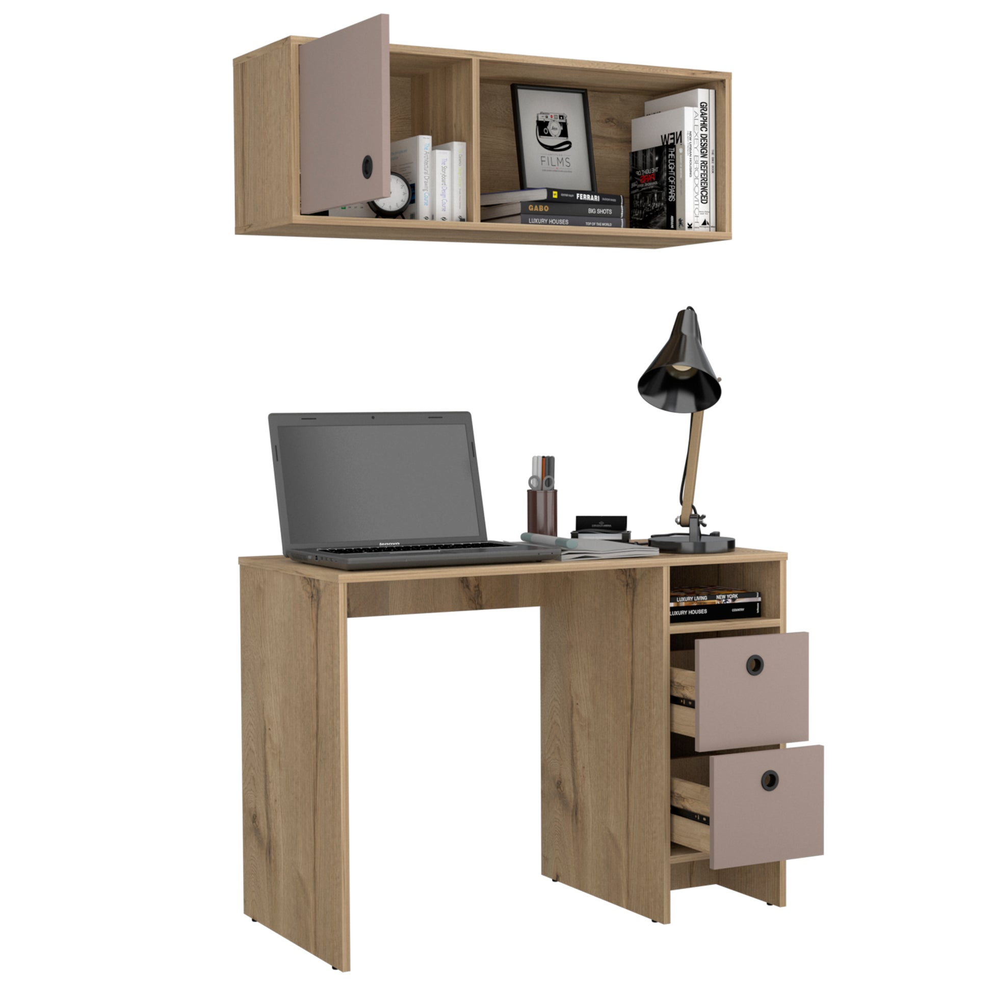 Khali Office Set, Two Shelves, Two Drawers, Wall Cabinet, Single Door Cabinet, Light Oak Taupe Wall Mounted 1 2 Drawers Natural Multicolor Office Shelves Included Modern Particle Board Particle Board