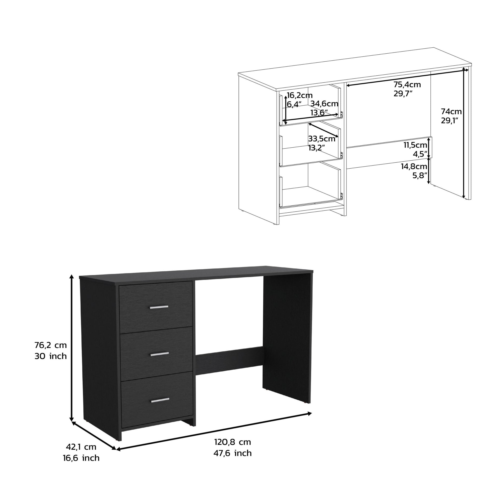 Writing Desk, 3 Drawers, Black Black Particle Board Particle Board