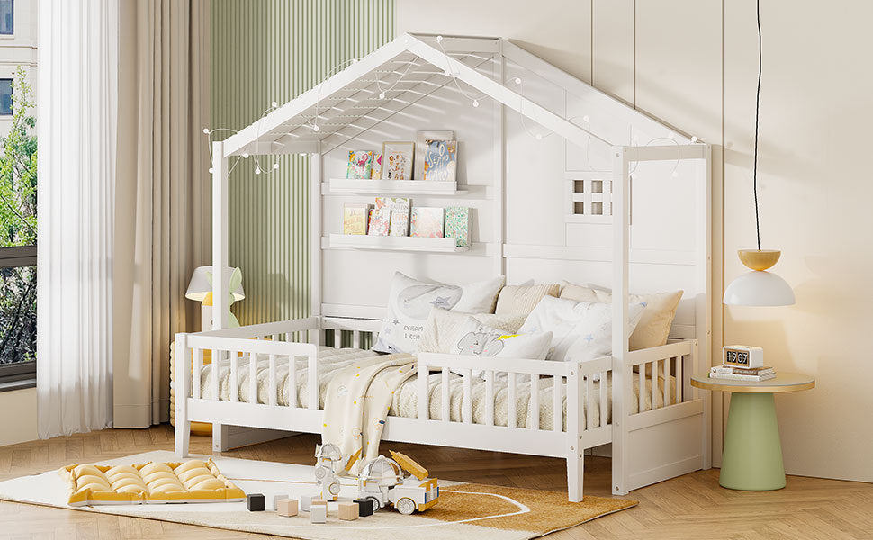 Twin Size House Bed With Shelves, House Bed With Window And Sparkling Light Strip On The Roof, White Twin White Solid Wood Mdf