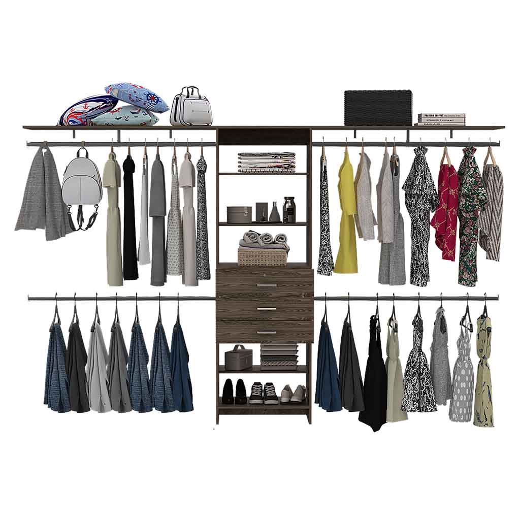 Plego 69"W 118"W Drawers Closet System, Five Shelves, Four Hanging Rods, Three Drawers Dark Walnut Black Dark Walnut Particle Board Particle Board