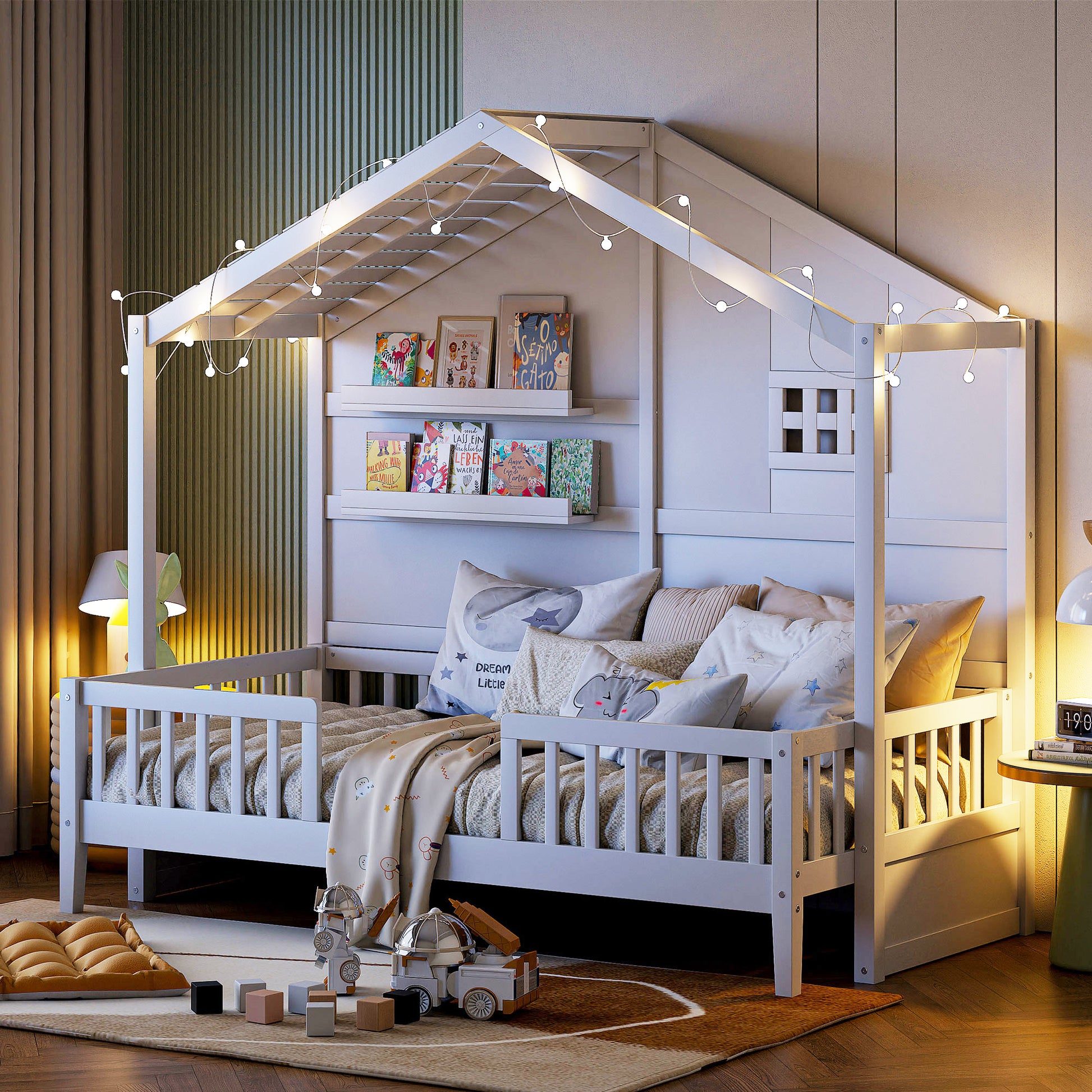 Twin Size House Bed With Shelves, House Bed With Window And Sparkling Light Strip On The Roof, White Twin White Solid Wood Mdf