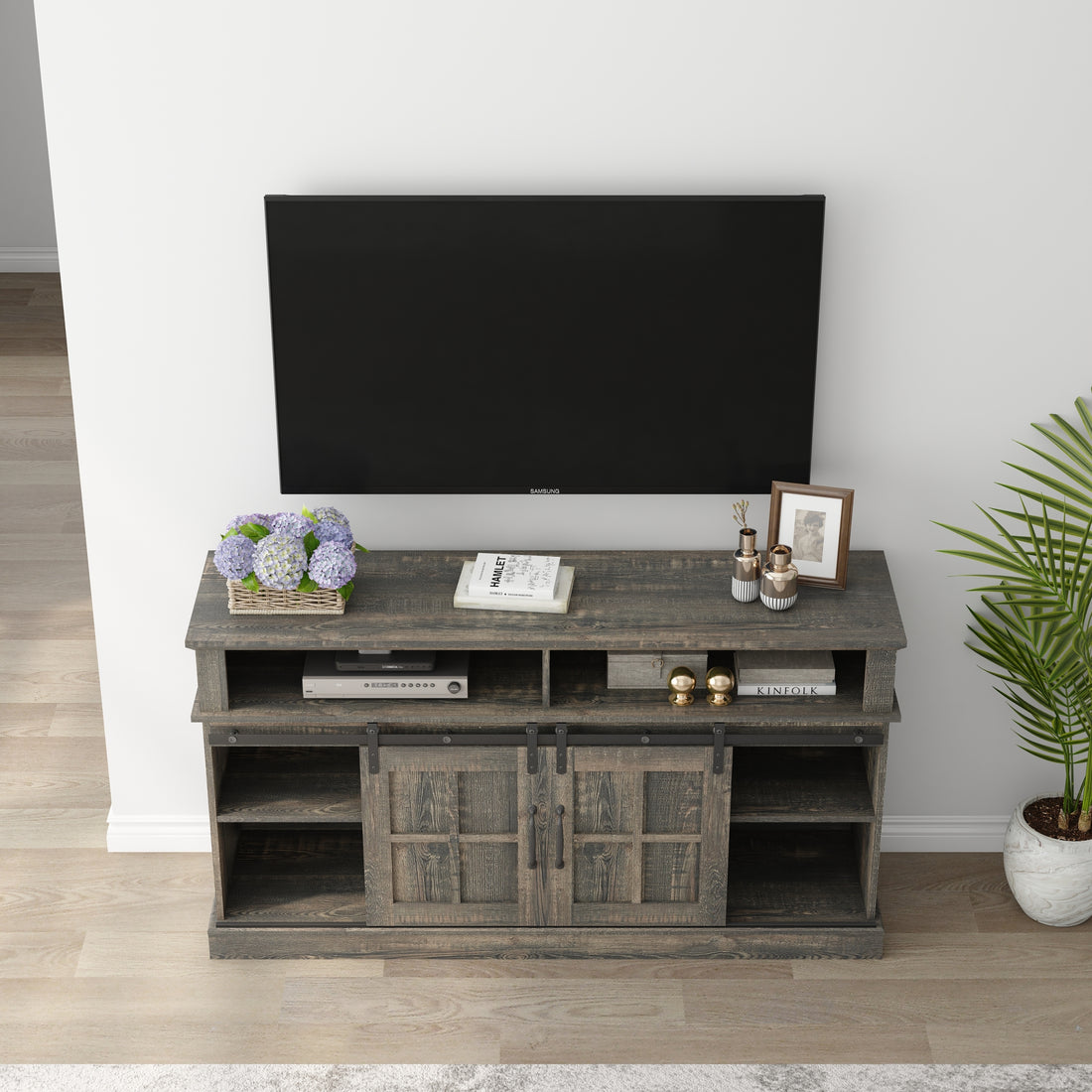 58 Inch Tv Stand With Storage Cabinet And Shelves, Tv Console Table Entertainment Center For Living Room,Bedroom Old Pine 50 59 Inches Particle Board