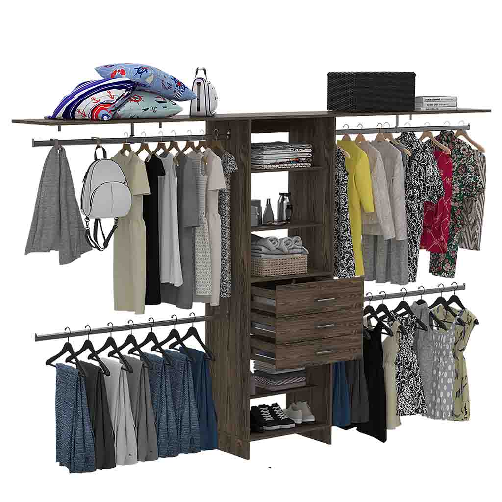 Plego 69"W 118"W Drawers Closet System, Five Shelves, Four Hanging Rods, Three Drawers Dark Walnut Black Dark Walnut Particle Board Particle Board