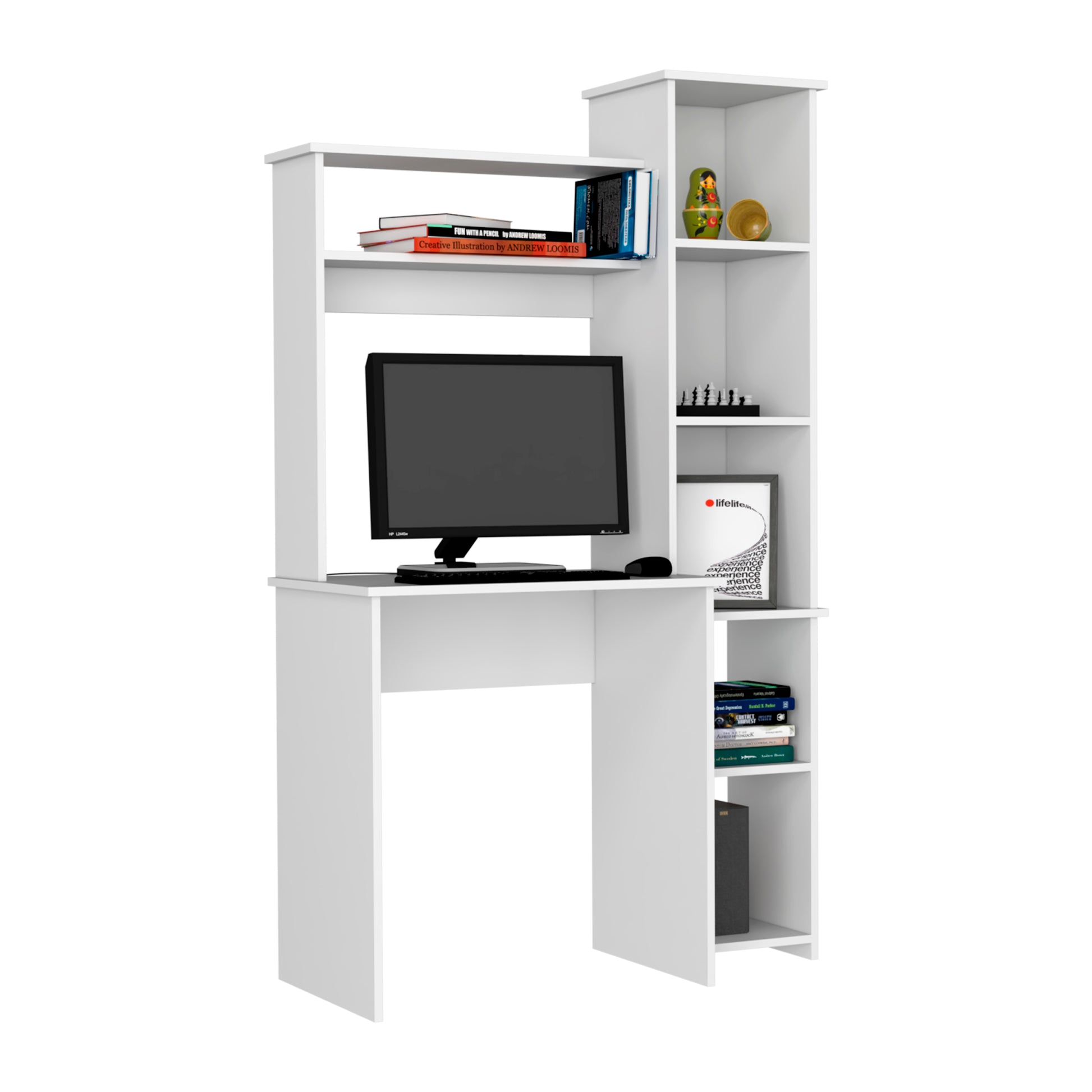 Desk, Five Shelves, Two Superior Shelves, White White Particle Board Particle Board