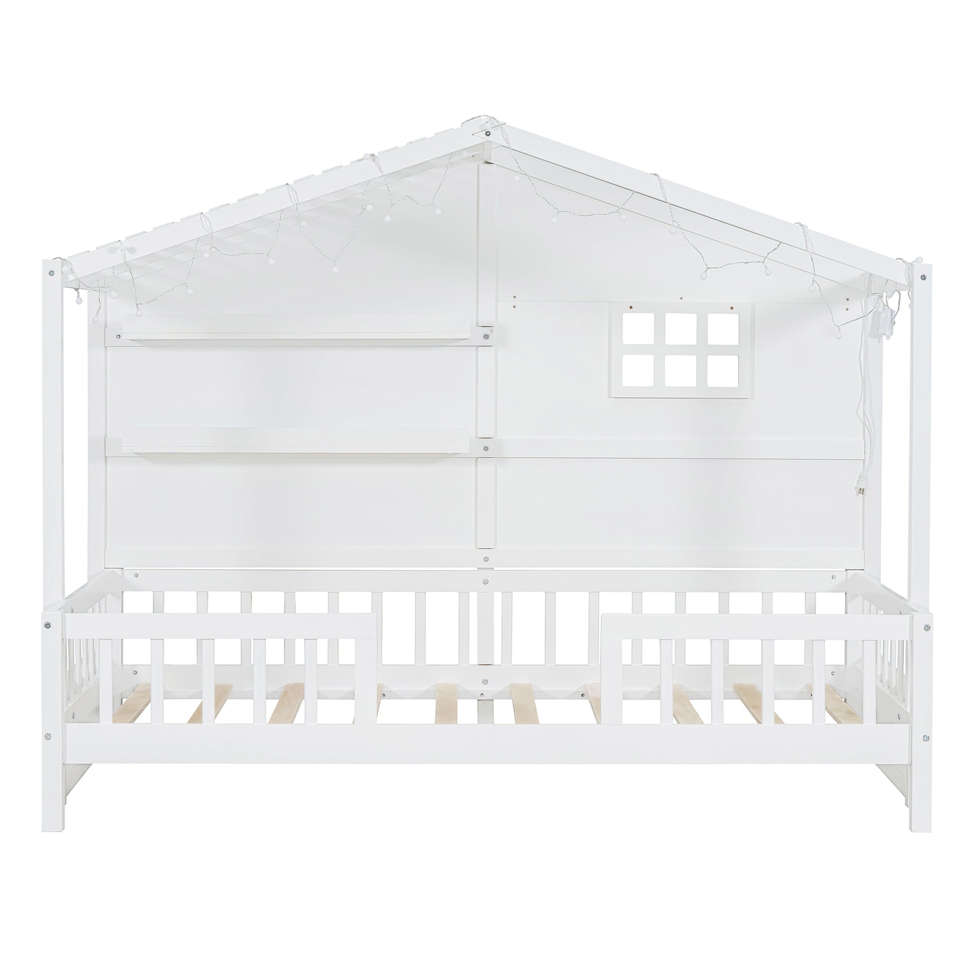 Twin Size House Bed With Shelves, House Bed With Window And Sparkling Light Strip On The Roof, White Twin White Solid Wood Mdf