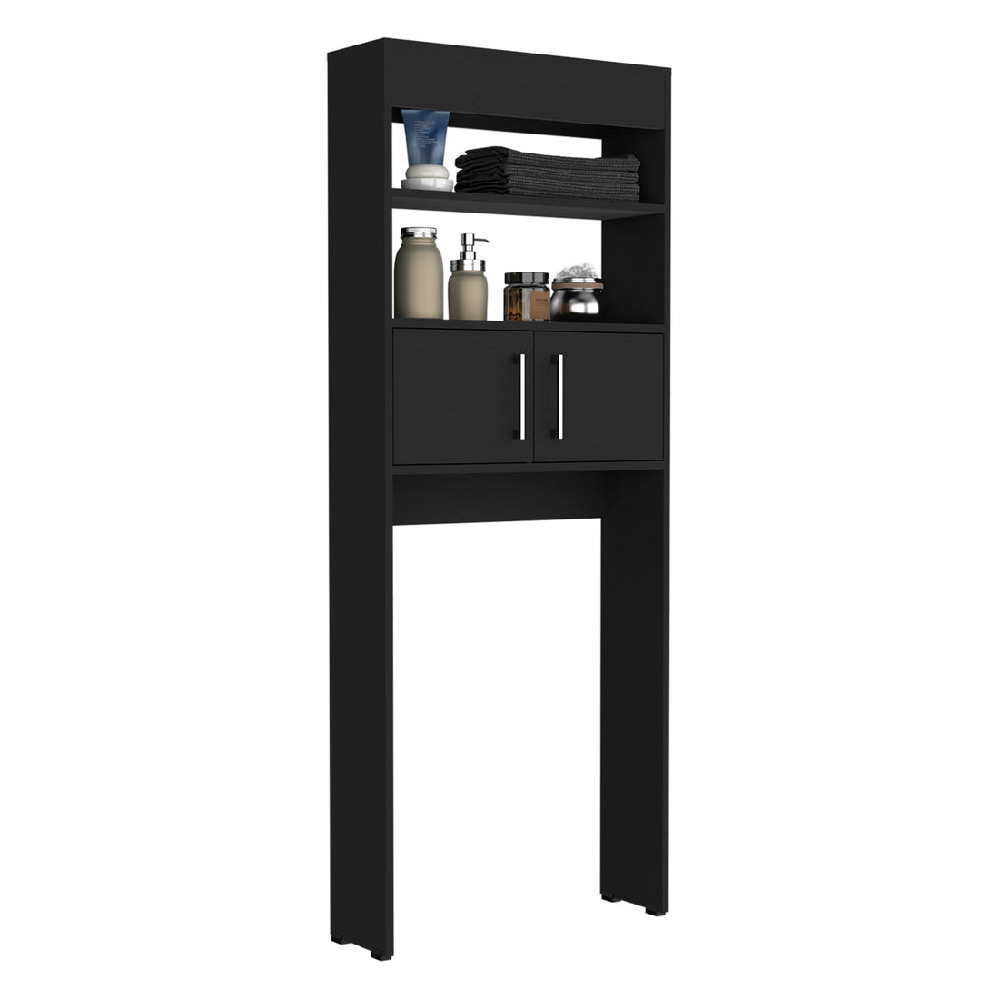 63H" Over The Toilet Cabinet, Two Shelves, Double Door, Black Black Particle Board Particle Board