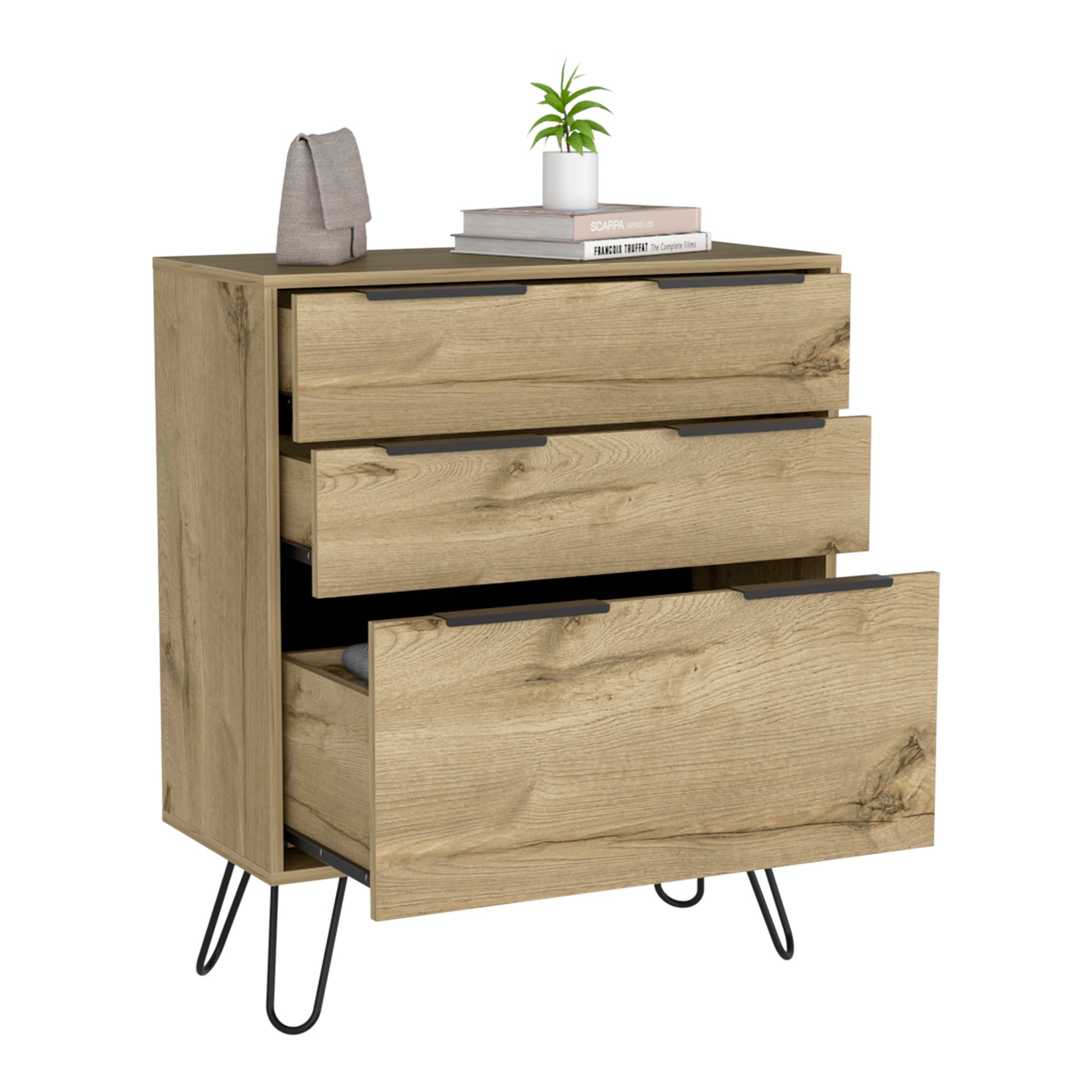 Light Dresser 35"H, 30"W, Three Drawers, Superior Top, Hairpin Legs, Light Oak Beige Particle Board Particle Board