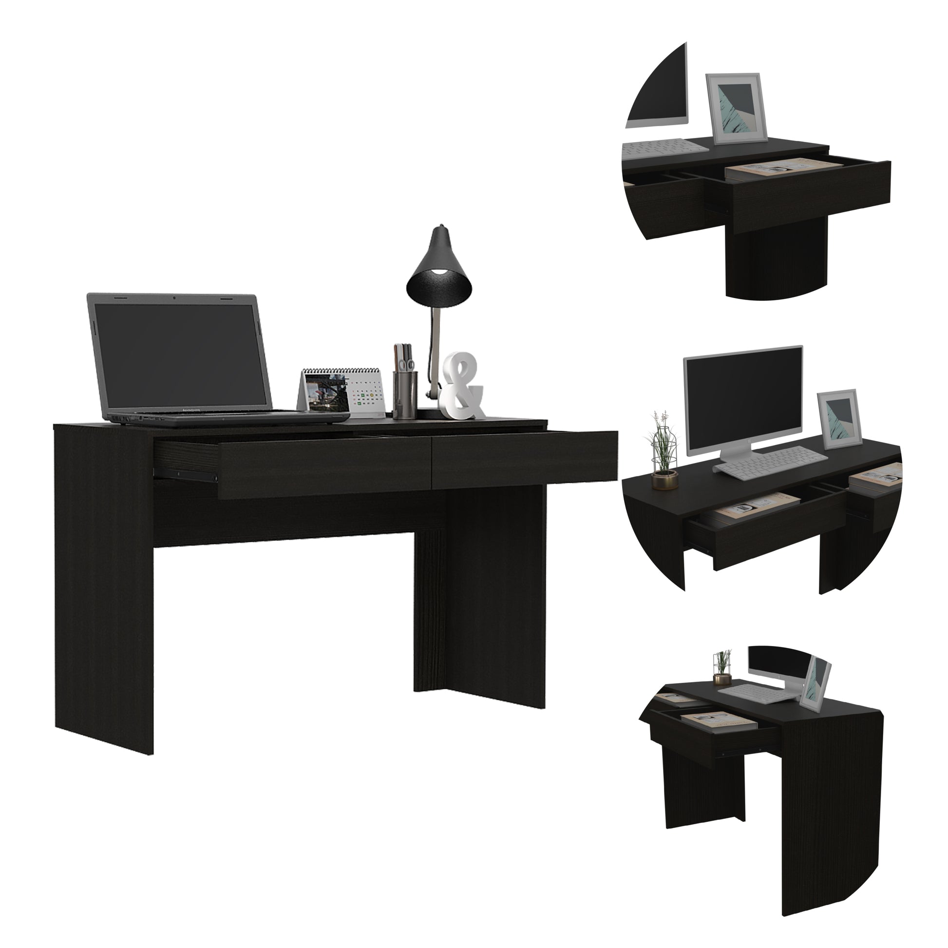 Computer Desk With Two Drawers Writing, Black Black Particle Board Particle Board