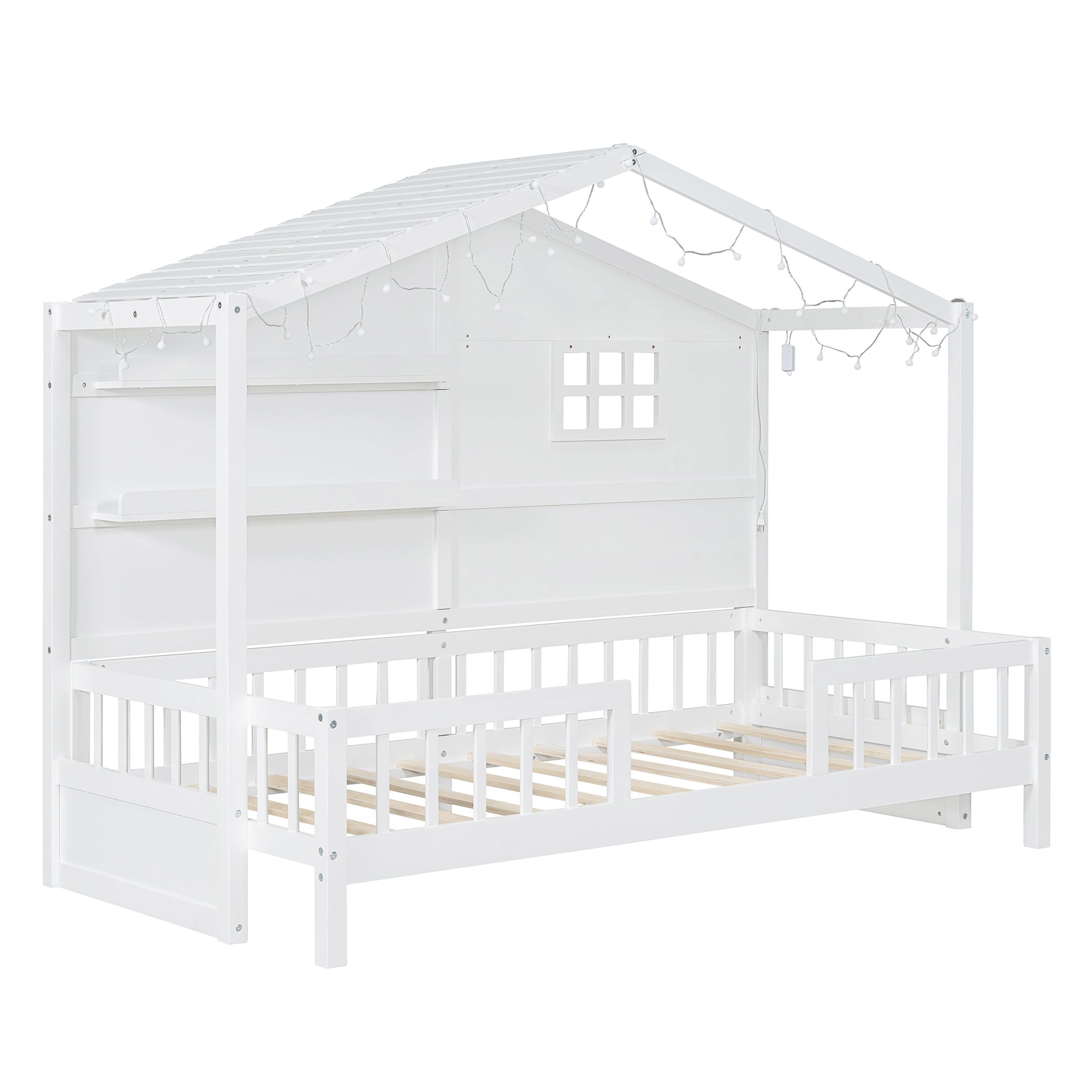 Twin Size House Bed With Shelves, House Bed With Window And Sparkling Light Strip On The Roof, White Twin White Solid Wood Mdf