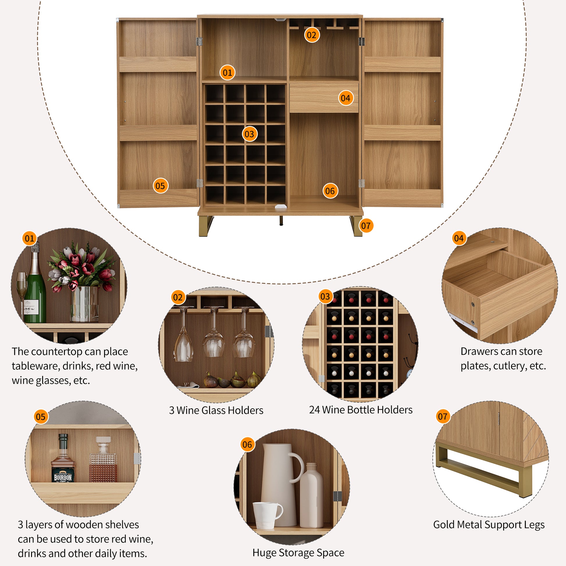 42.5" Modern Home Bar Cabinet Carved Wine Cabinet With Storage Natural Dining Room Contemporary Mdf