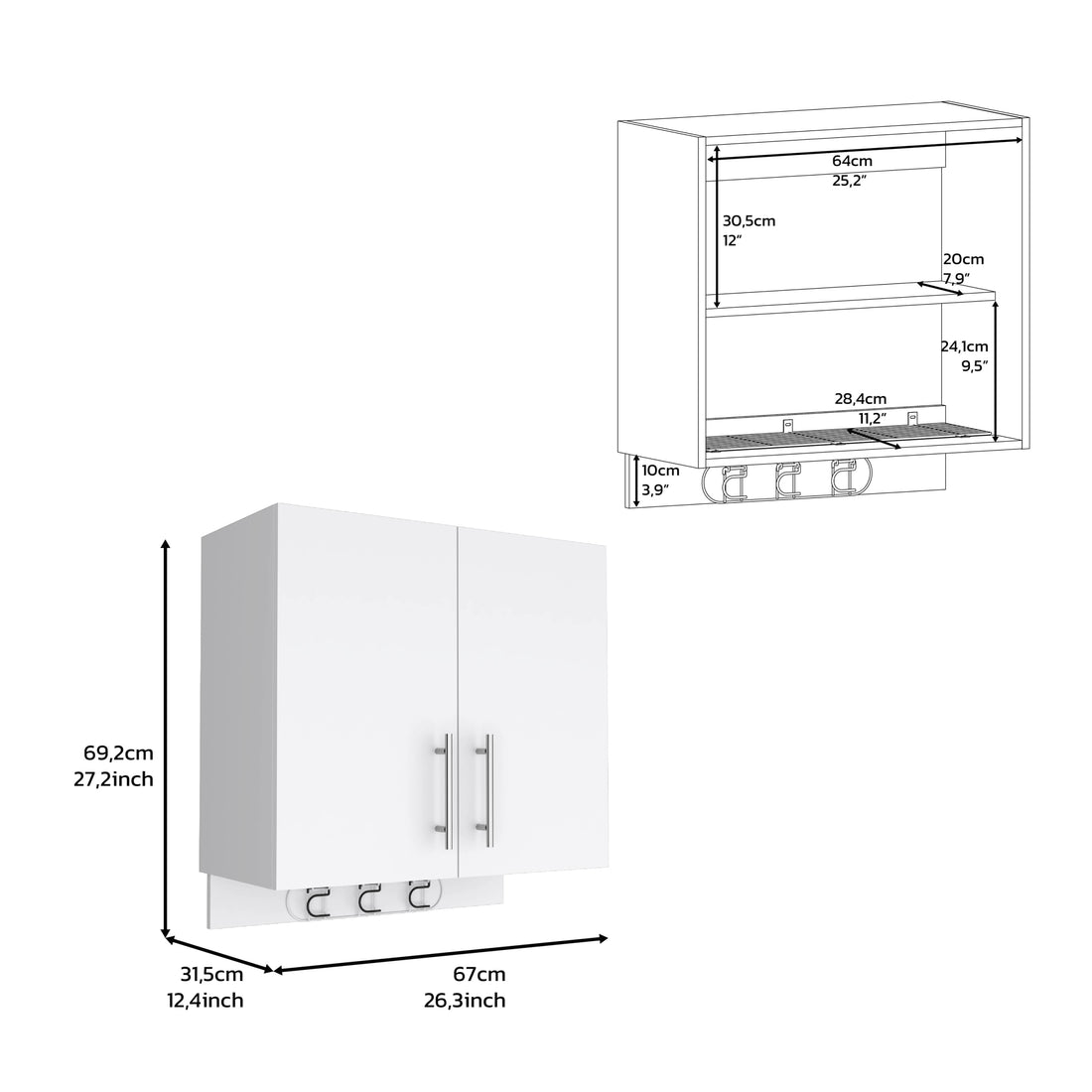 Wall Cabinet 27" H, Three Broom Hangers And Metal Handles, Two Internal Shelves, Two Doors, White White Particle Board Particle Board