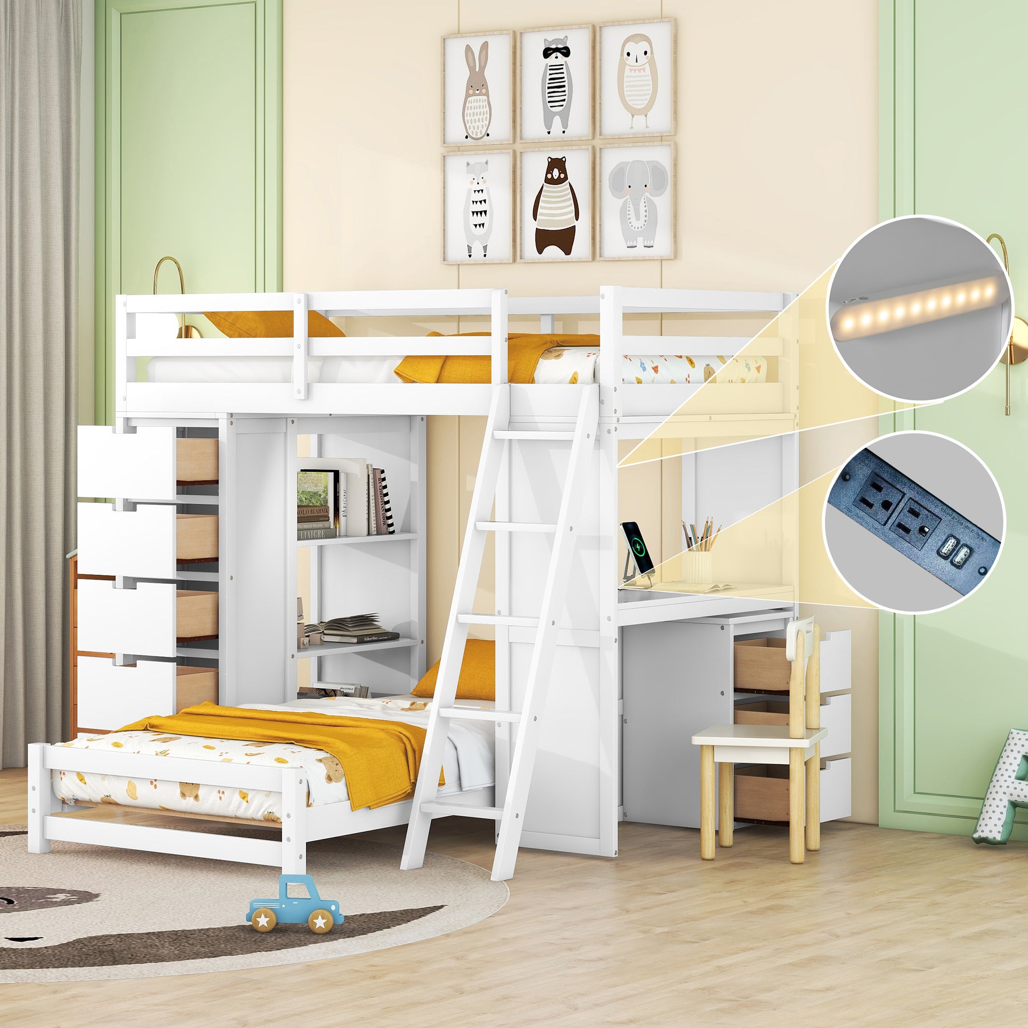 Twin Over Twin Bunk Bed With Led Light And Usb Ports, White Twin White Plywood