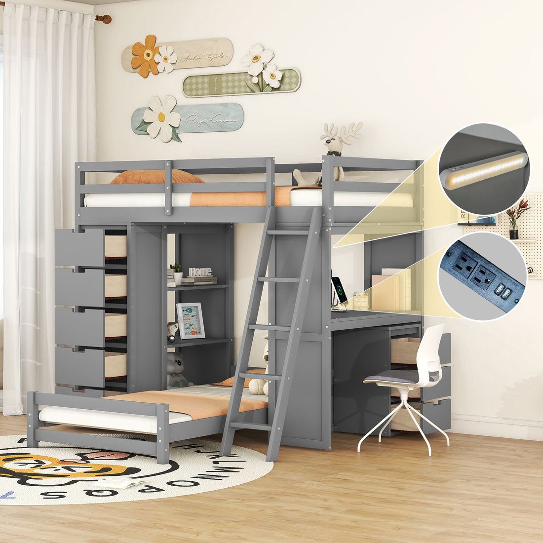 Twin Over Twin Bunk Bed With Led Light And Usb Ports, Gray Twin Gray Plywood