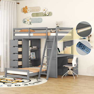 Twin Over Twin Bunk Bed With Led Light And Usb Ports, Gray Twin Gray Plywood