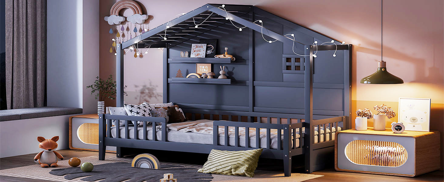 Twin Size House Bed With Shelves, House Bed With Window And Sparkling Light Strip On The Roof, Gray Twin Gray Solid Wood Mdf