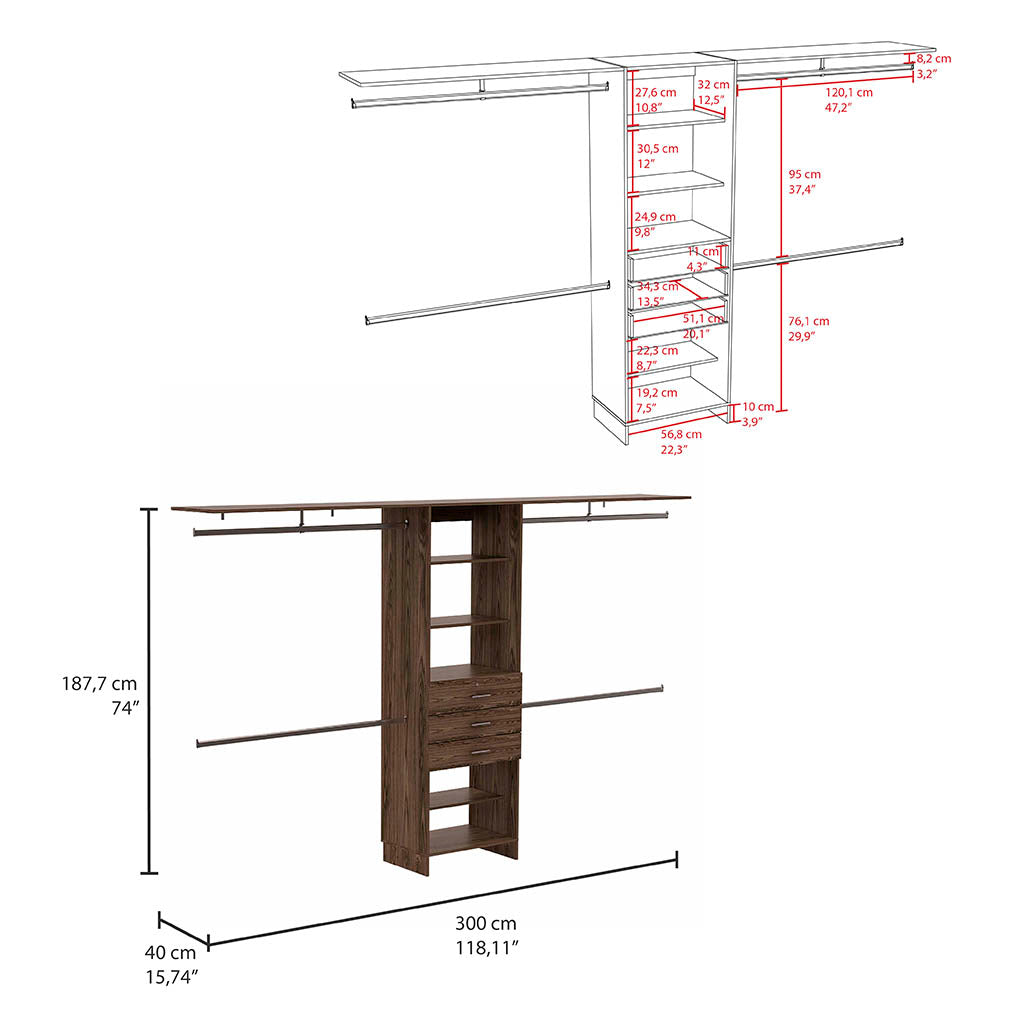 Plego 69"W 118"W Drawers Closet System, Five Shelves, Four Hanging Rods, Three Drawers Dark Walnut Black Dark Walnut Particle Board Particle Board