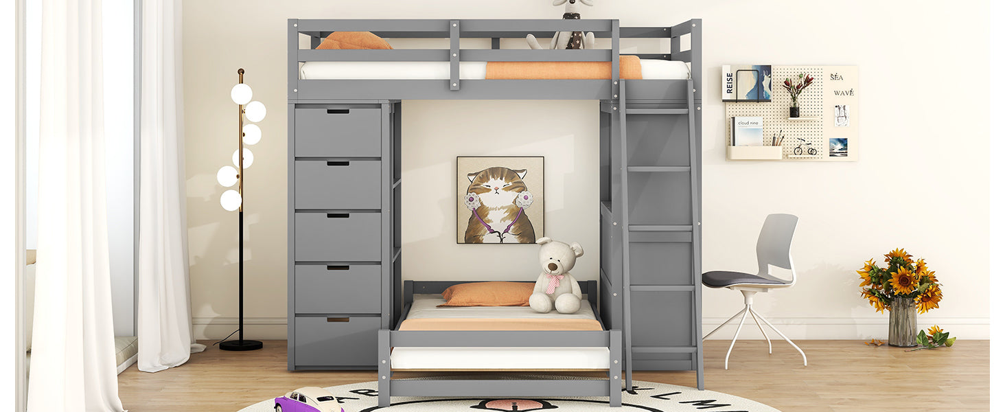 Twin Over Twin Bunk Bed With Led Light And Usb Ports, Gray Twin Gray Plywood