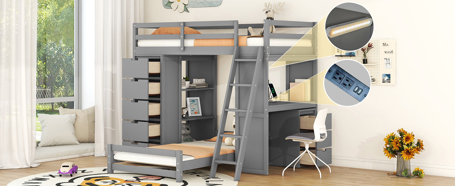 Twin Over Twin Bunk Bed With Led Light And Usb Ports, Gray Twin Gray Plywood