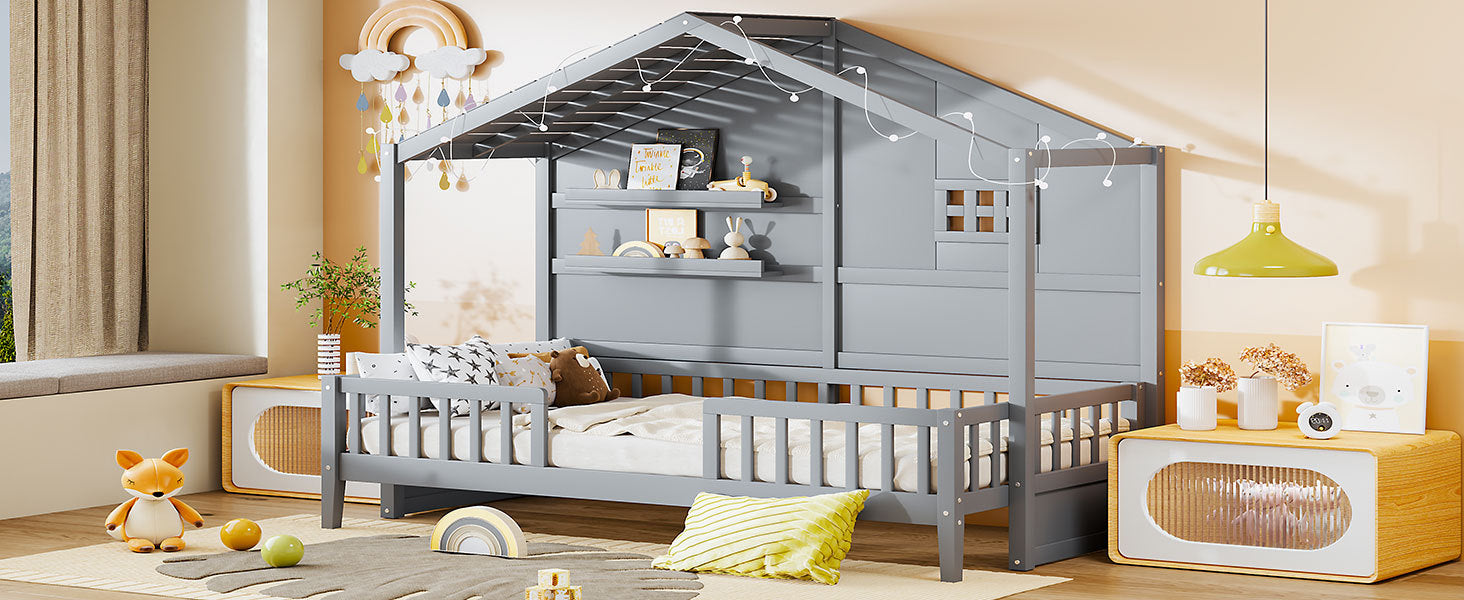 Twin Size House Bed With Shelves, House Bed With Window And Sparkling Light Strip On The Roof, Gray Twin Gray Solid Wood Mdf