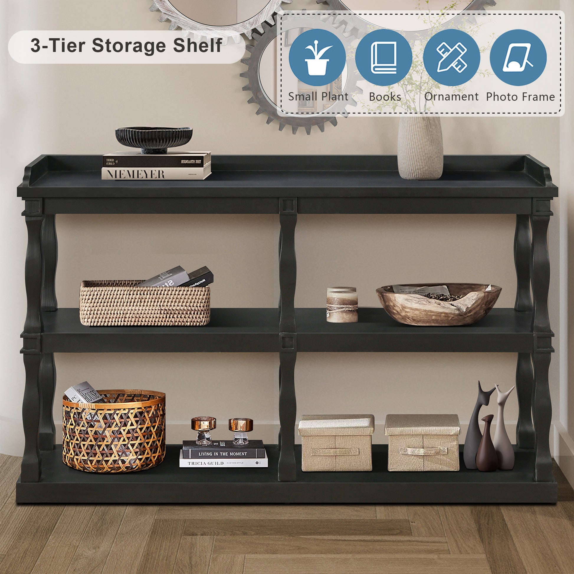 Console Table With 3 Tier Open Storage Spaces And Roman Column Effect Support Legs,Narrow Sofa Entry Table For Living Room, Entryway And Hallway Black Black Primary Living Space Floor Mount Console Tables Glossy Mdf Mdf