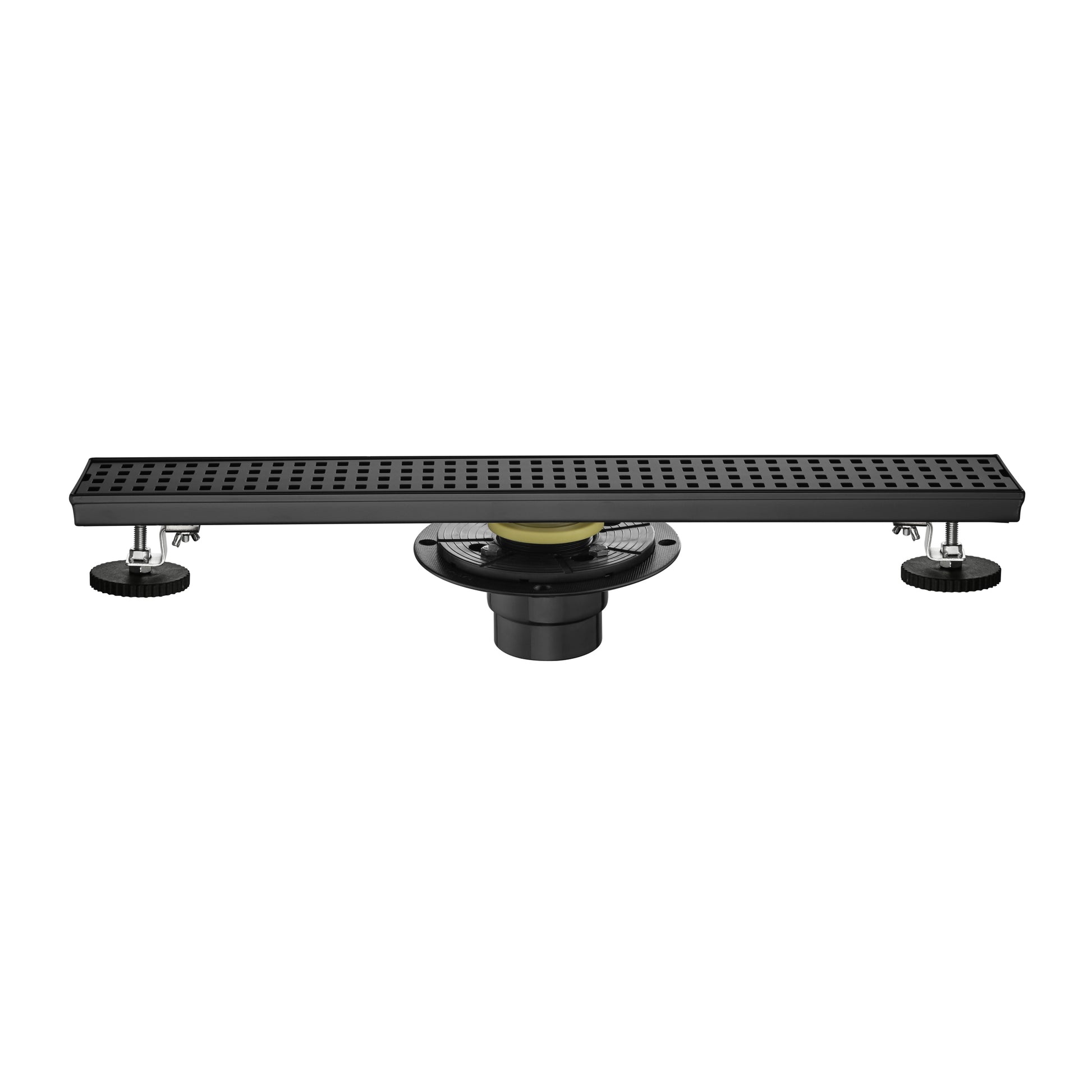 24 Inches Linear Shower Drain With Removable Quadrato Pattern Grate, 304 Stainless Shower Drain Included Hair Strainer And Leveling Feet, Flange Matte Black Stainless Steel