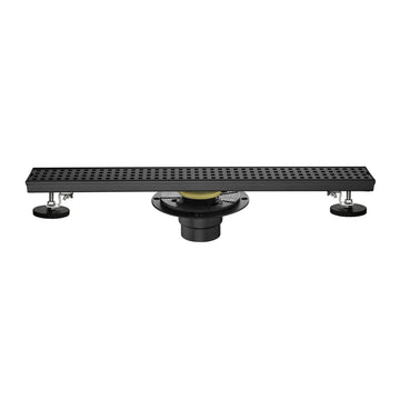 24 Inches Linear Shower Drain With Removable Quadrato Pattern Grate, 304 Stainless Shower Drain Included Hair Strainer And Leveling Feet, Flange Matte Black Stainless Steel