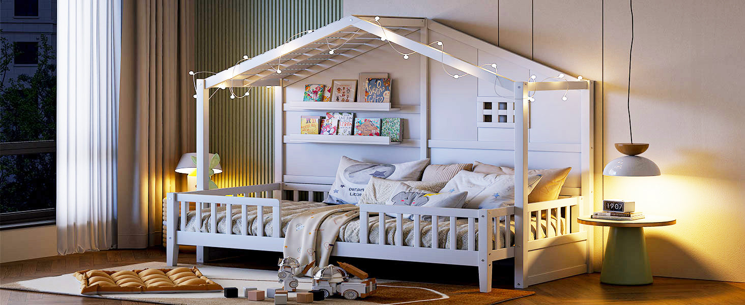 Twin Size House Bed With Shelves, House Bed With Window And Sparkling Light Strip On The Roof, White Twin White Solid Wood Mdf