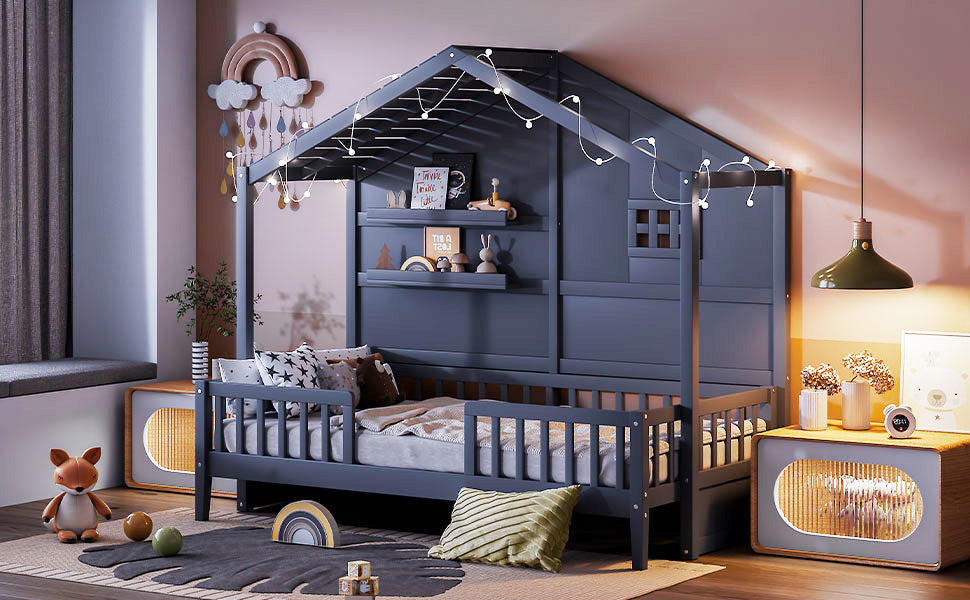 Twin Size House Bed With Shelves, House Bed With Window And Sparkling Light Strip On The Roof, Gray Twin Gray Solid Wood Mdf