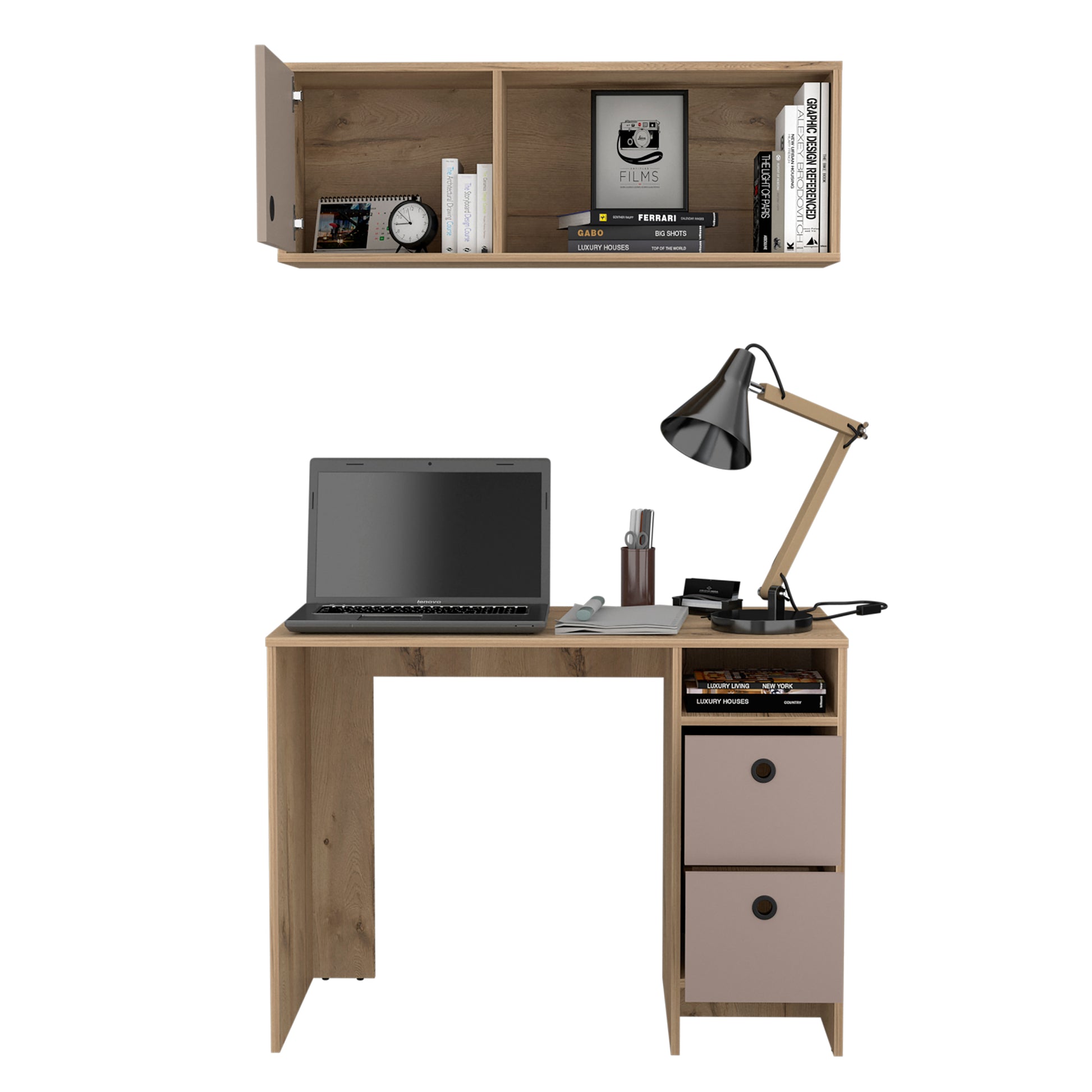 Khali Office Set, Two Shelves, Two Drawers, Wall Cabinet, Single Door Cabinet, Light Oak Taupe Wall Mounted 1 2 Drawers Natural Multicolor Office Shelves Included Modern Particle Board Particle Board