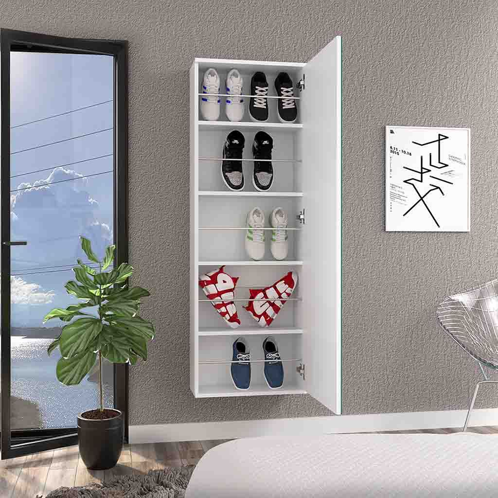 Wall Shoe Rack 54" H, One Mirror, One Door, Five Internal Storage Shelves, Approximate Capacity For Ten Shoes, Black Black Particle Board Particle Board