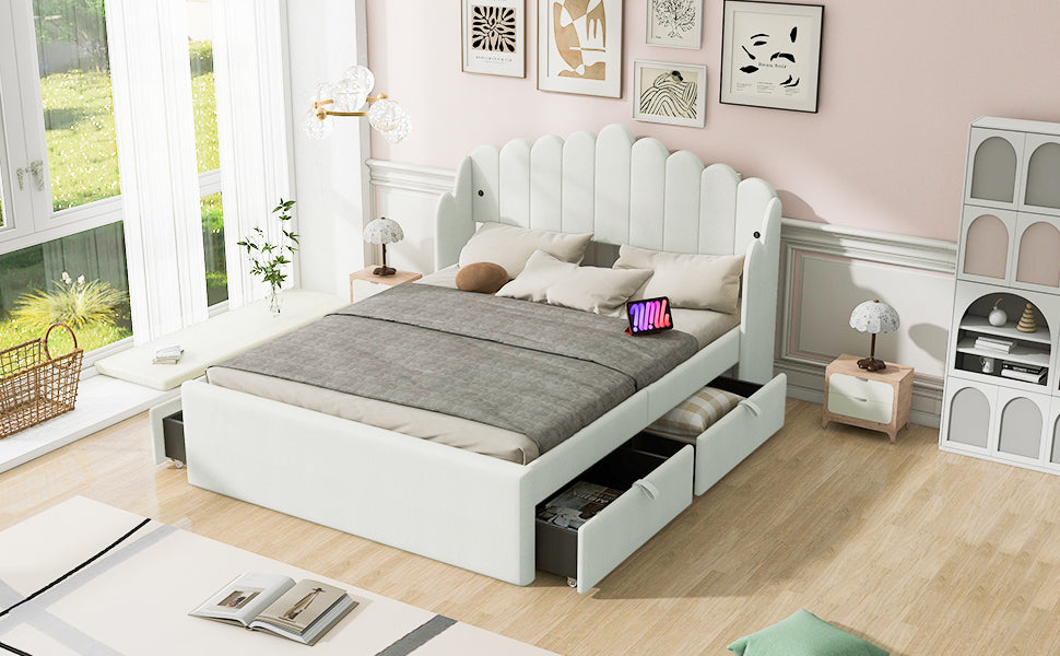 Full Size Upholstered Platform Bed With 4 Drawers And 2 Usb, Beige Box Spring Not Required Full Beige Wood Bedroom Bed Frame Polyester Upholstered