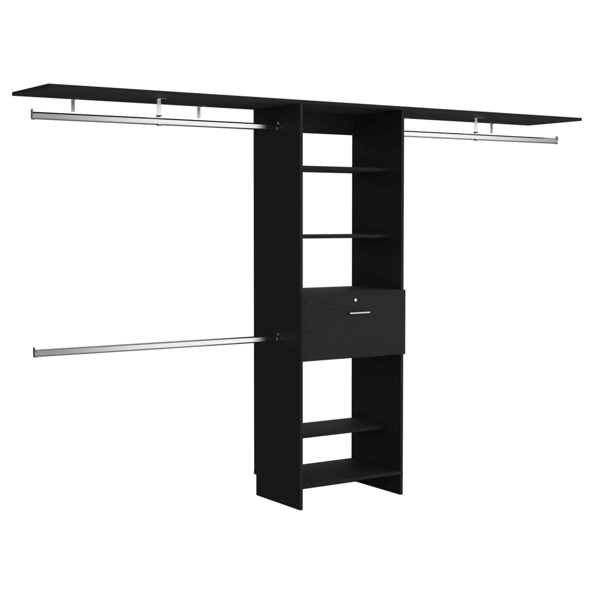 Plego 70"W 118"W Drawers Closet System, One Drawer,Three Hanging Rods, Five Shelves Black Black Particle Board Particle Board