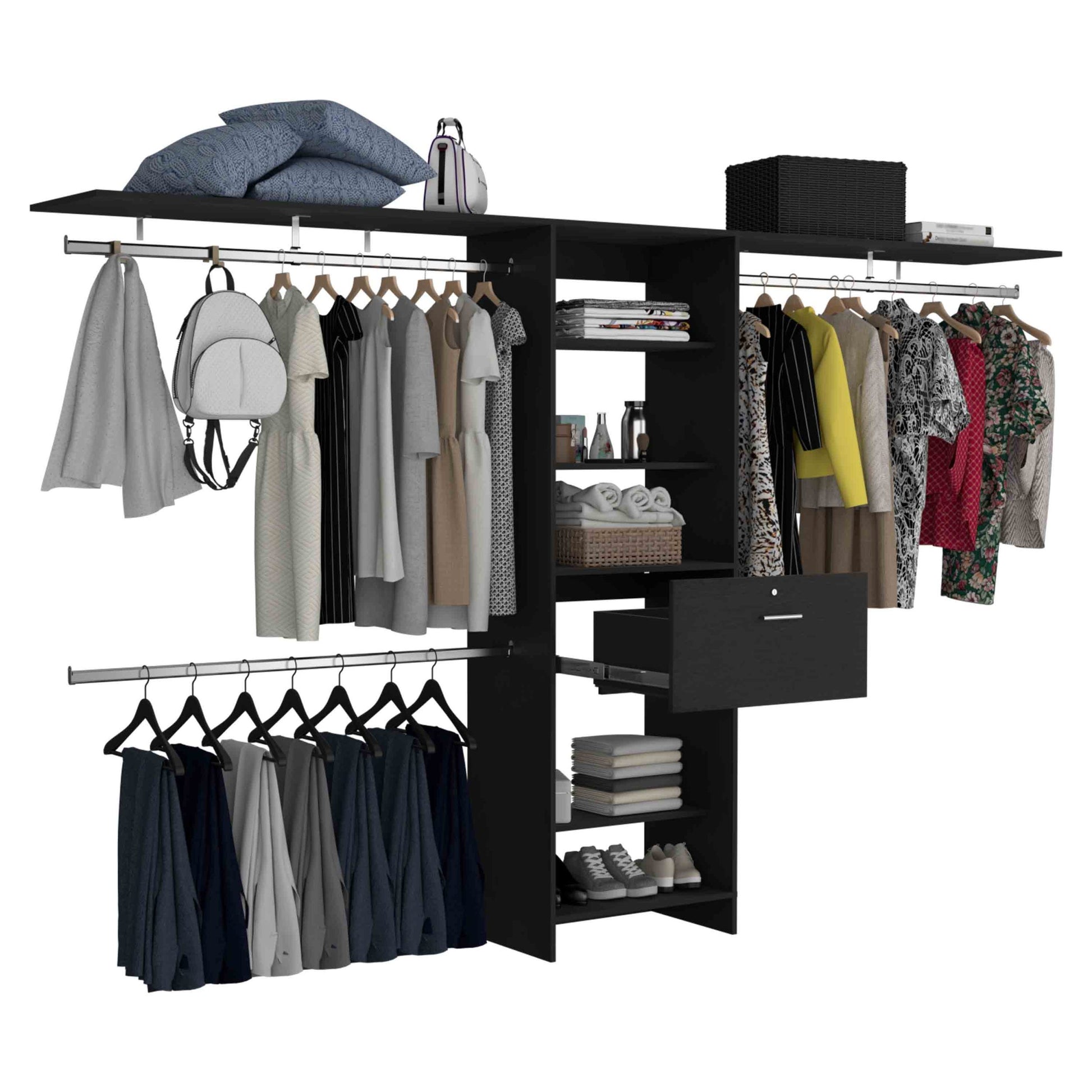 Plego 70"W 118"W Drawers Closet System, One Drawer,Three Hanging Rods, Five Shelves Black Black Particle Board Particle Board