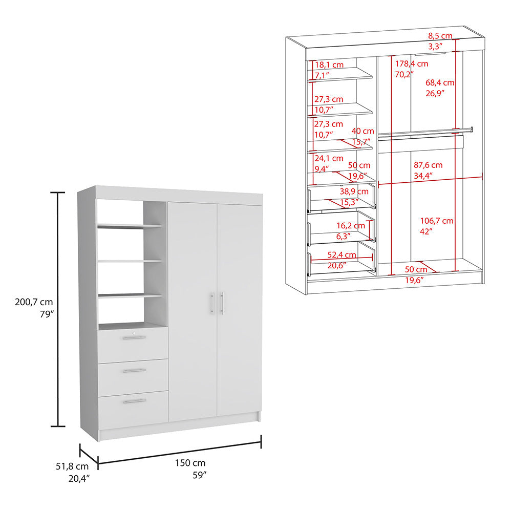 Kenya 3 Drawers Armoire, Double Door, 3 Tier Shelf White White Particle Board Particle Board