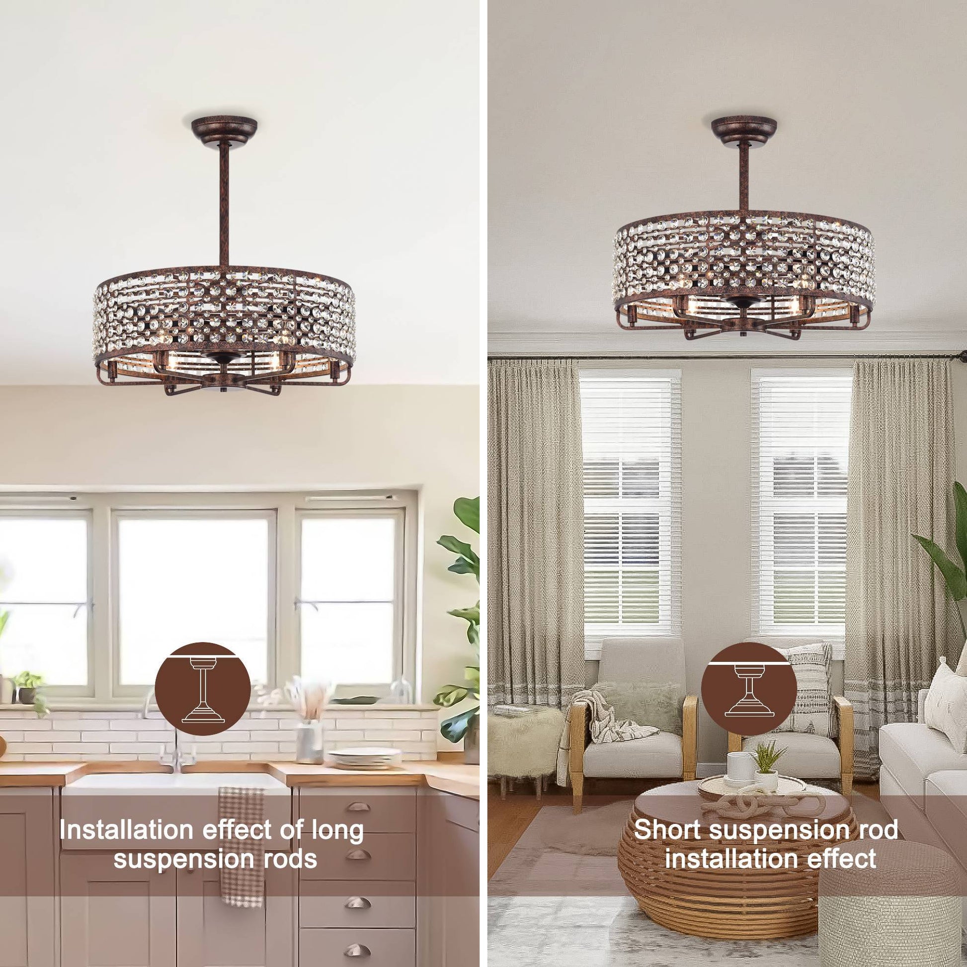 Dia 26.8 Inch Chandelier Ceiling Fan ,Crystal Shade Ceiling Fan With Remote Control,3 Abs Blade 4 Light No Include Bulb Rustic Brown American Design,American Traditional,Classic,Contemporary,Farmhouse Abs Metal